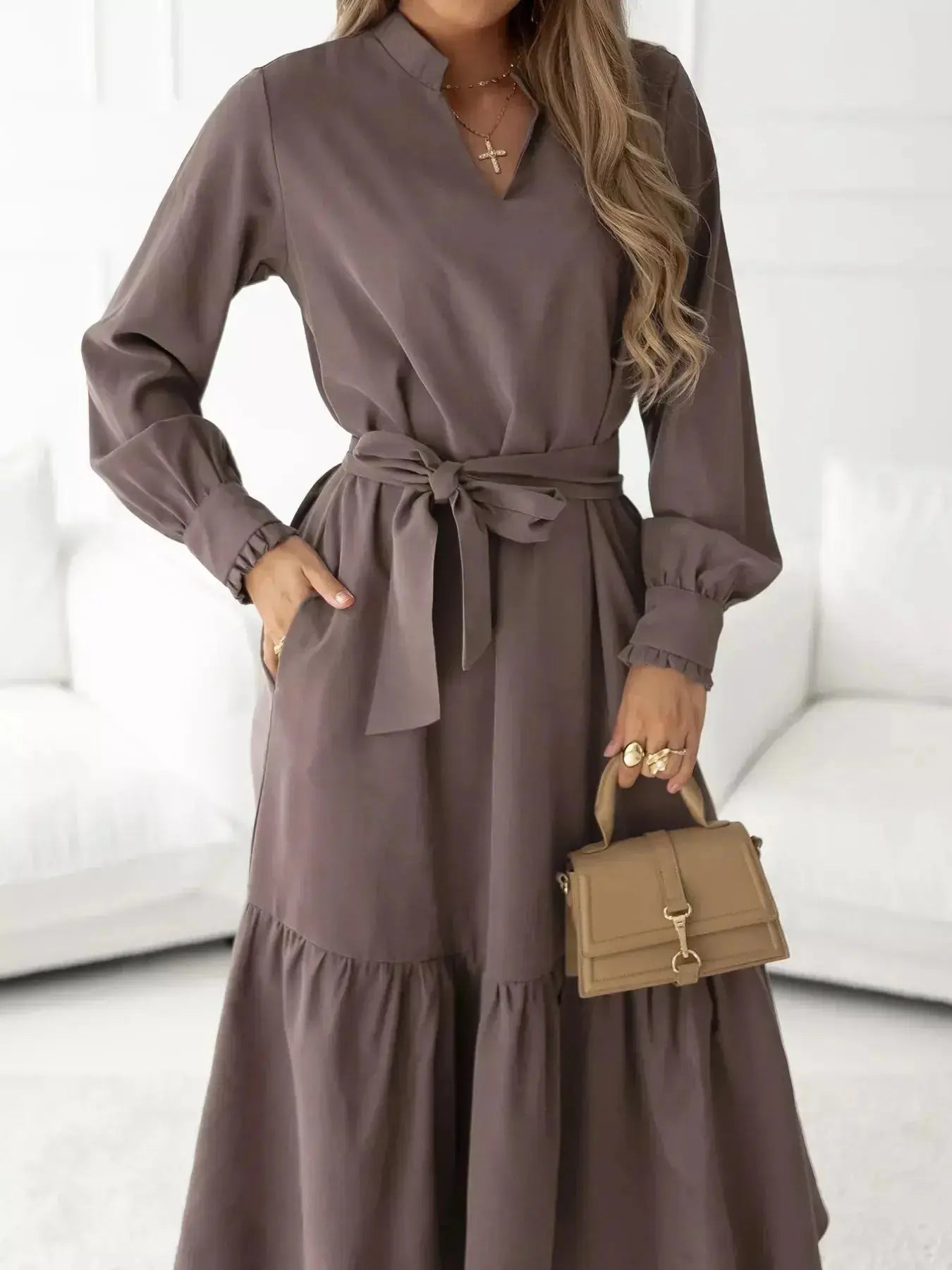 Long Sleeve Tie Waist Ruffle Hem Midi Dress - DaisyDrop 