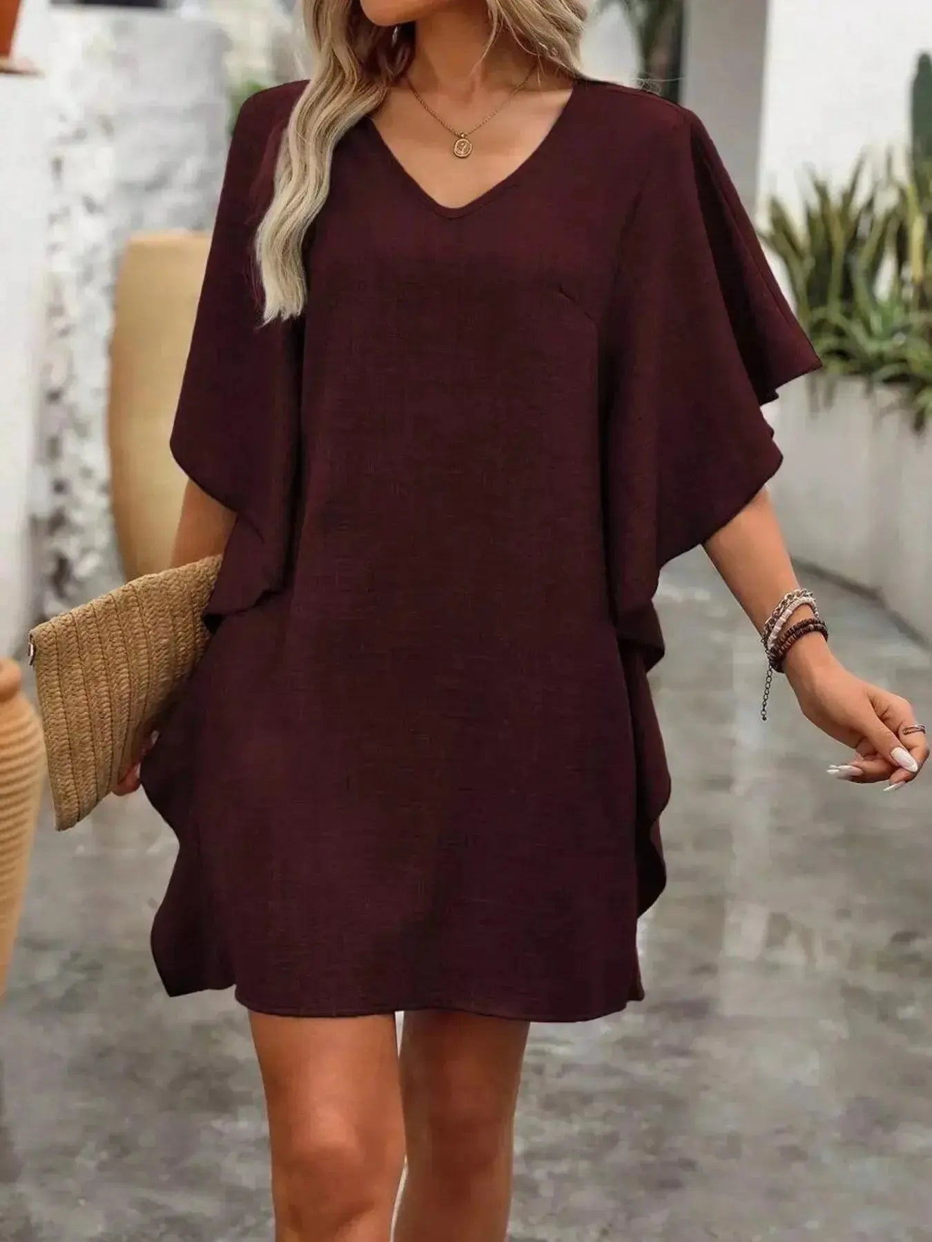 Ruffled Flutter Sleeve V-Neck Mini Dress - DaisyDrop 