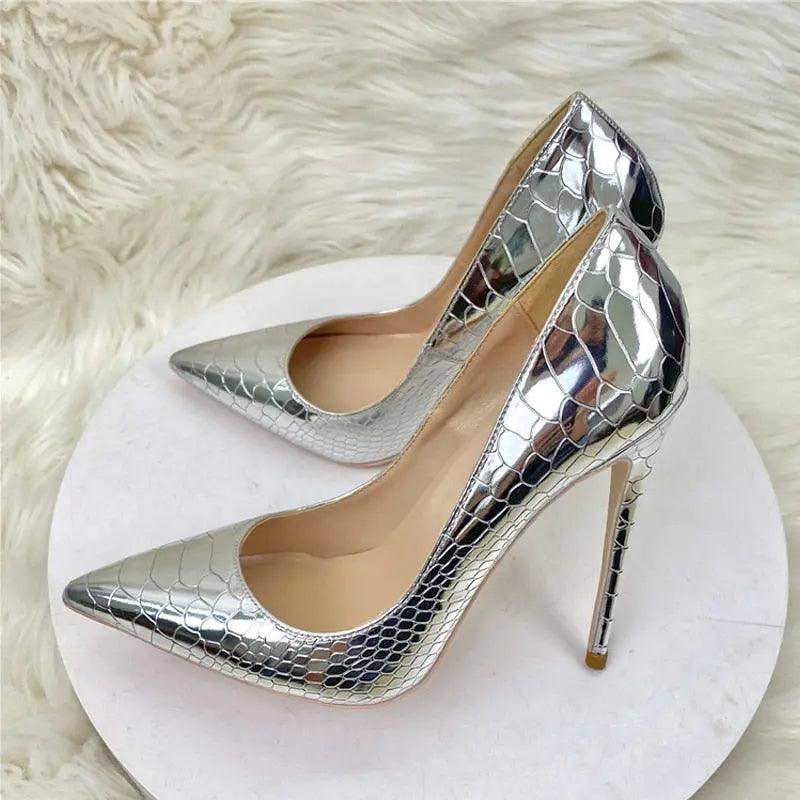 Tikicup Silver Embossed Crocodile Effect Sexy Pointy Toe eprolo