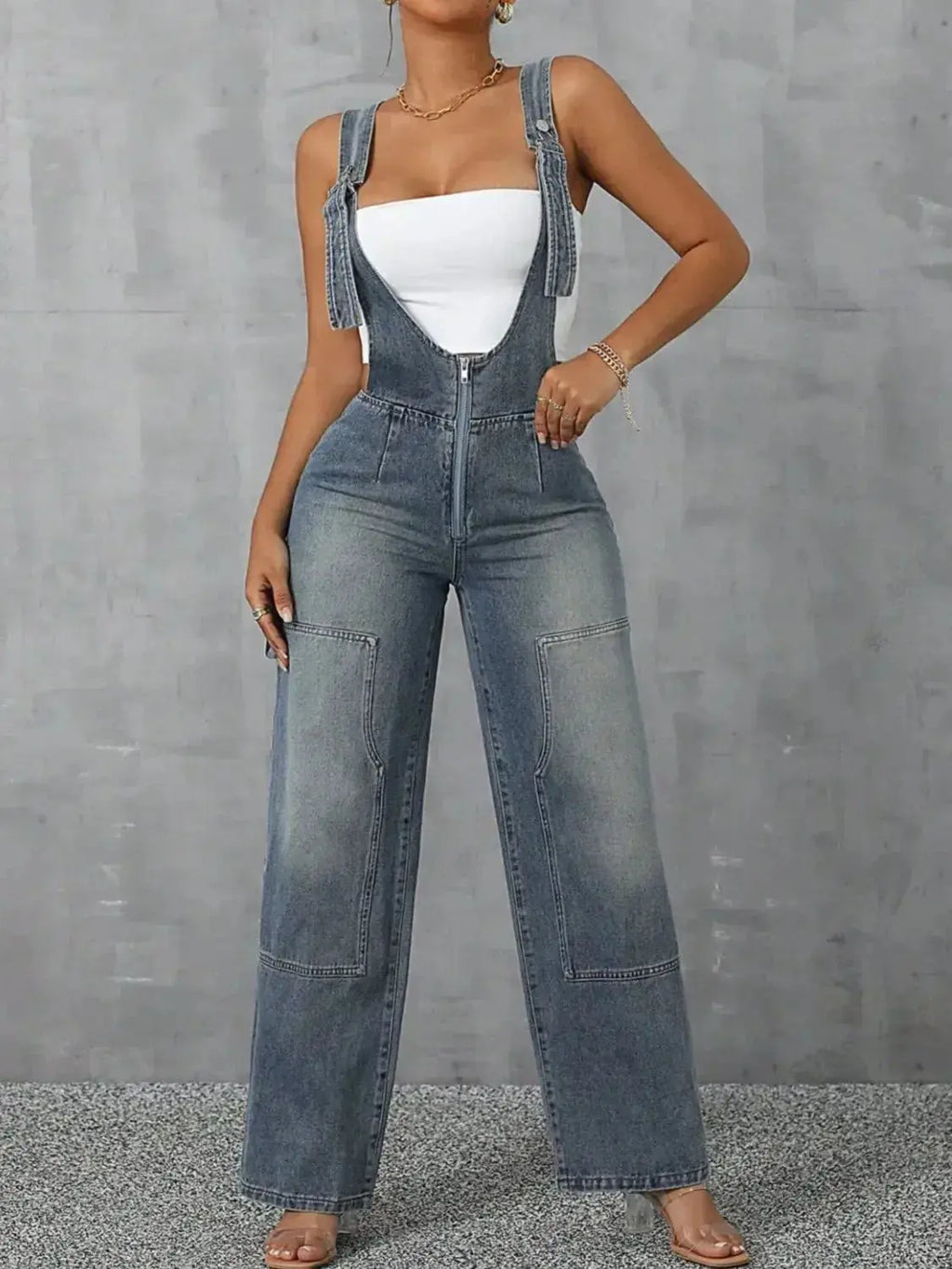 Zip Front Wide Strap Denim Overalls - DaisyDrop 