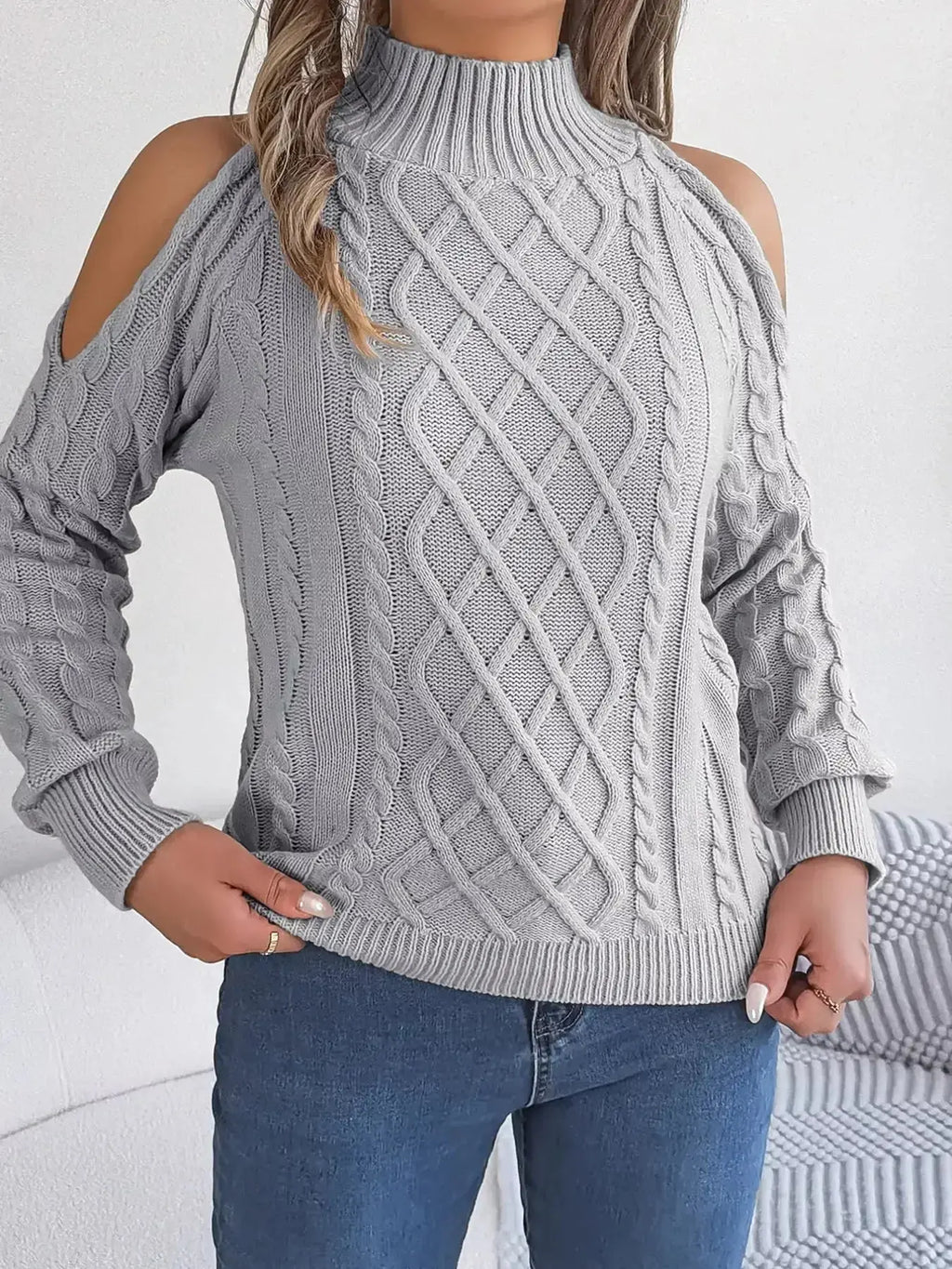 Cable Knit Cold Shoulder Turtleneck Sweater - DaisyDrop 