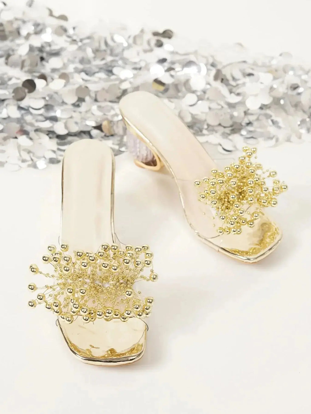 Pearl Embellished Clear Heel Sandals - DaisyDrop 