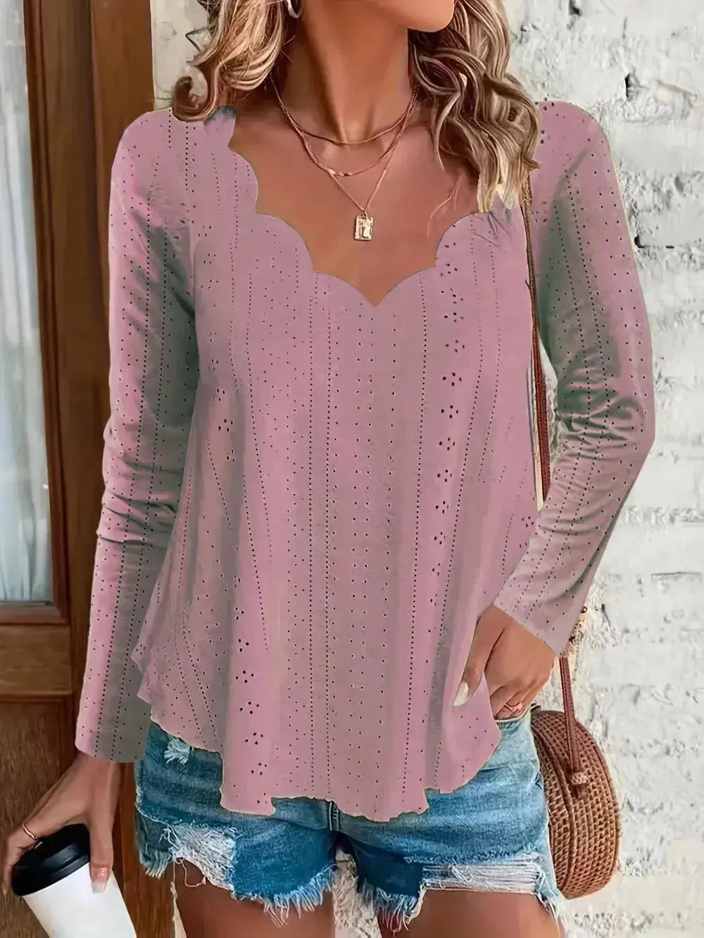 Eyelet Long Sleeve Blouse - DaisyDrop 