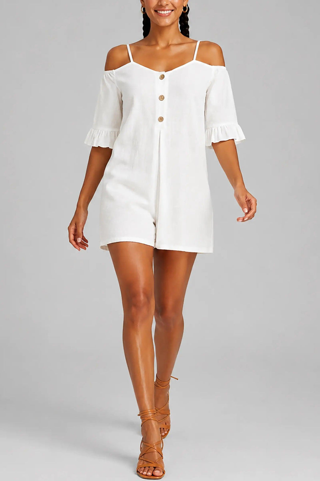 Women's fashion strapless, off-shoulder, ruffled sleeves, semi-open front, one-piece short shorts eprolo