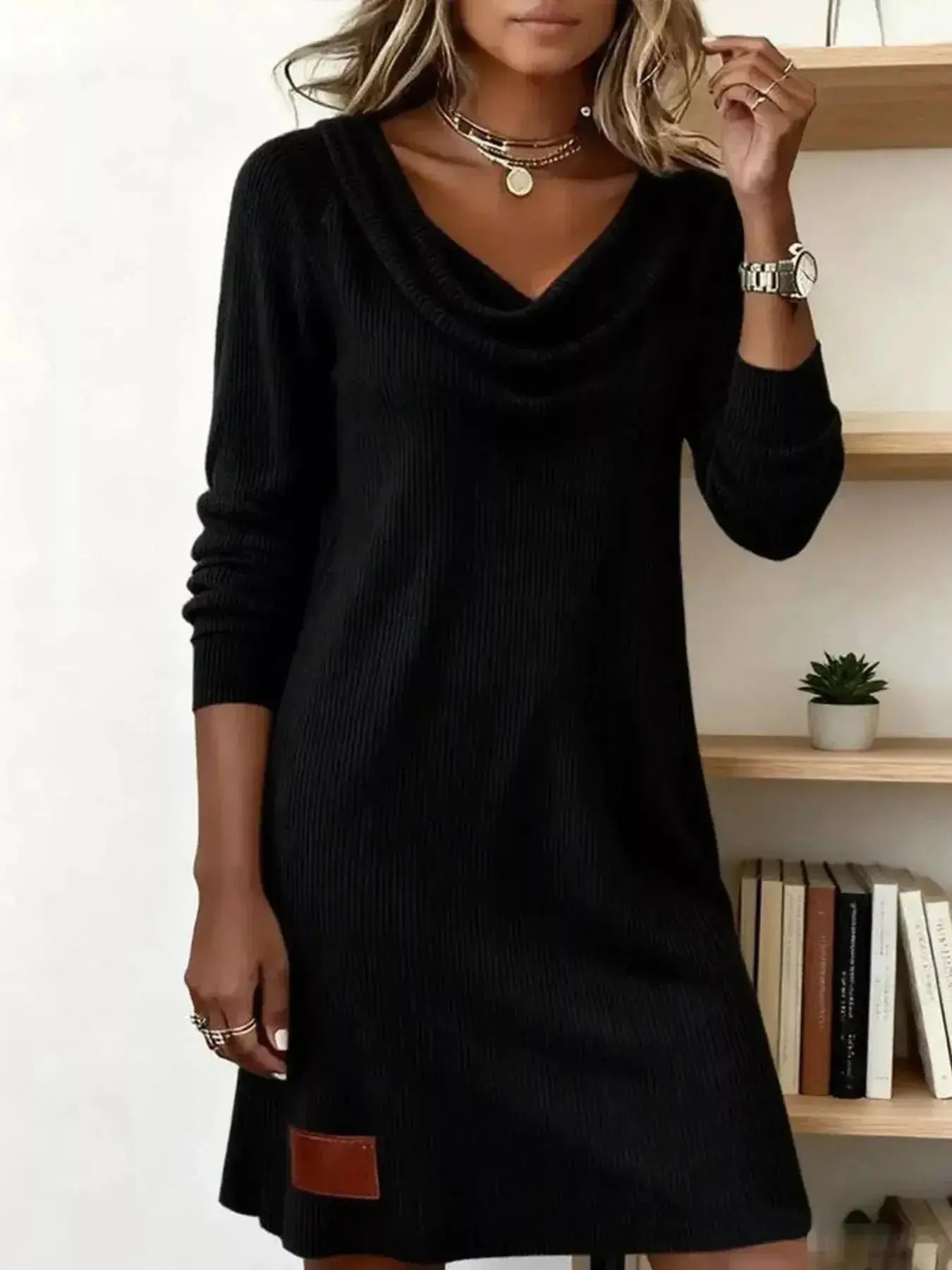 Casual Cowl Neck Ribbed Knit Mini Dress - DaisyDrop 