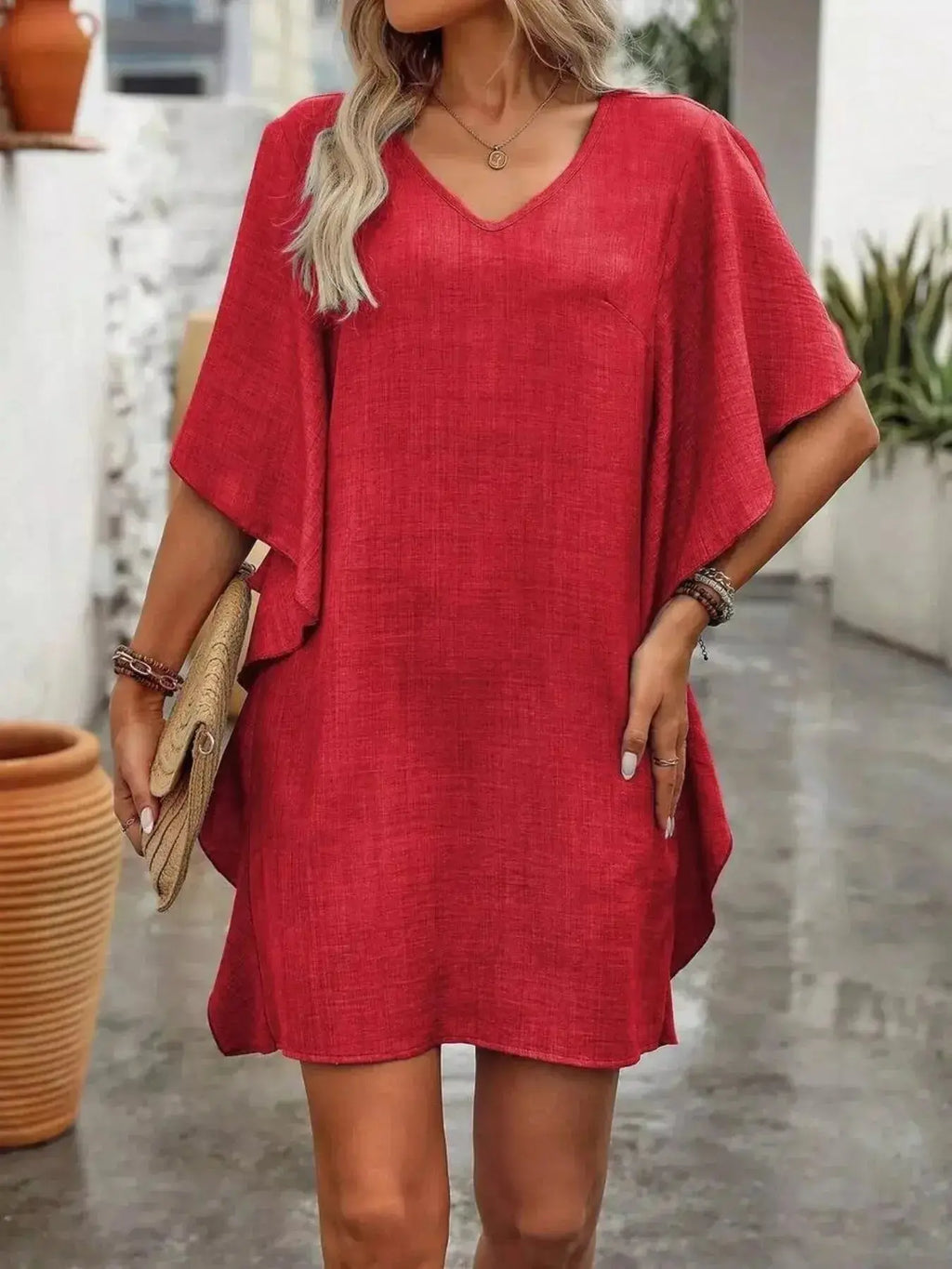 Ruffled Flutter Sleeve V-Neck Mini Dress - DaisyDrop 