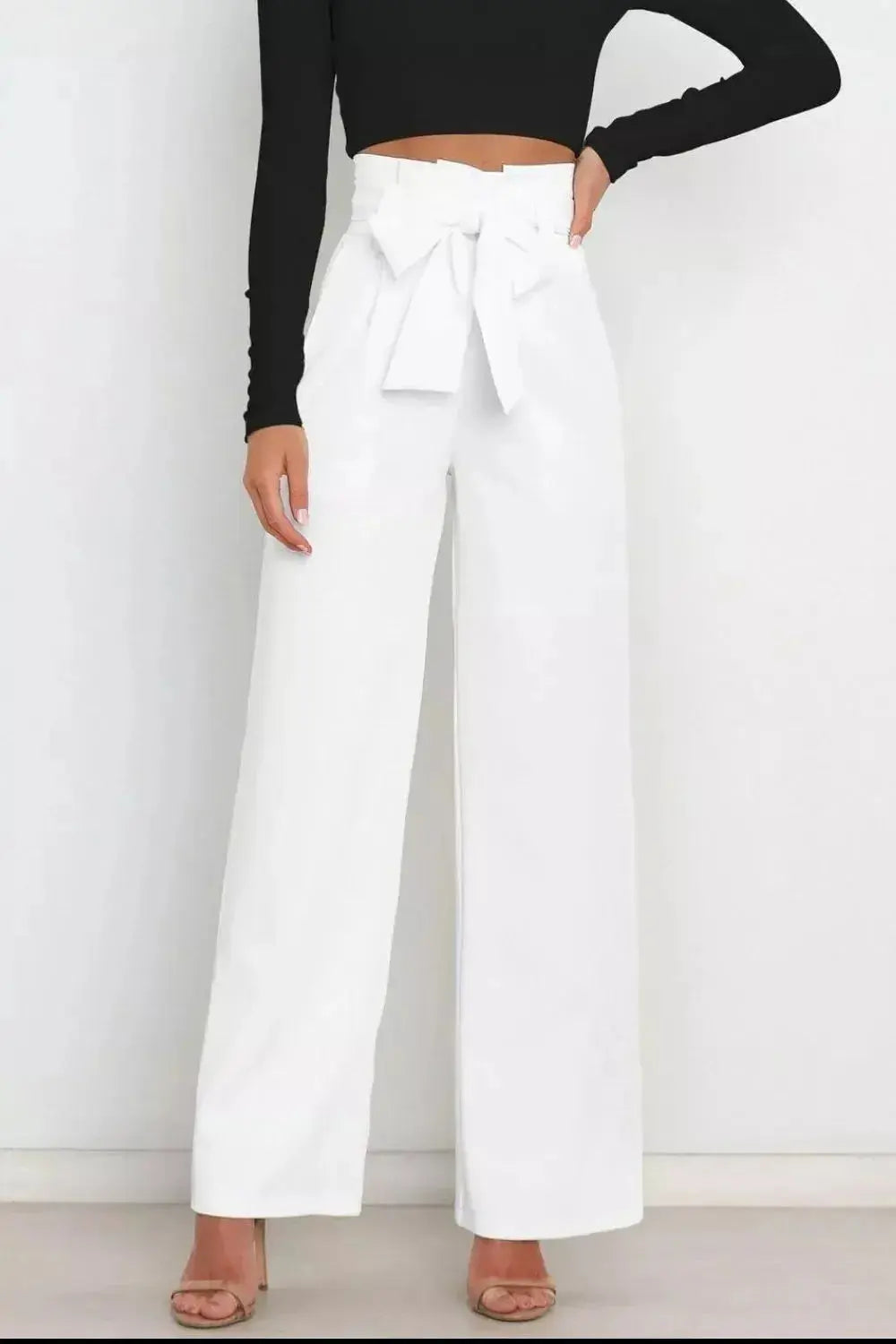 High Waist Tie Front Wide Leg Pants - DaisyDrop 
