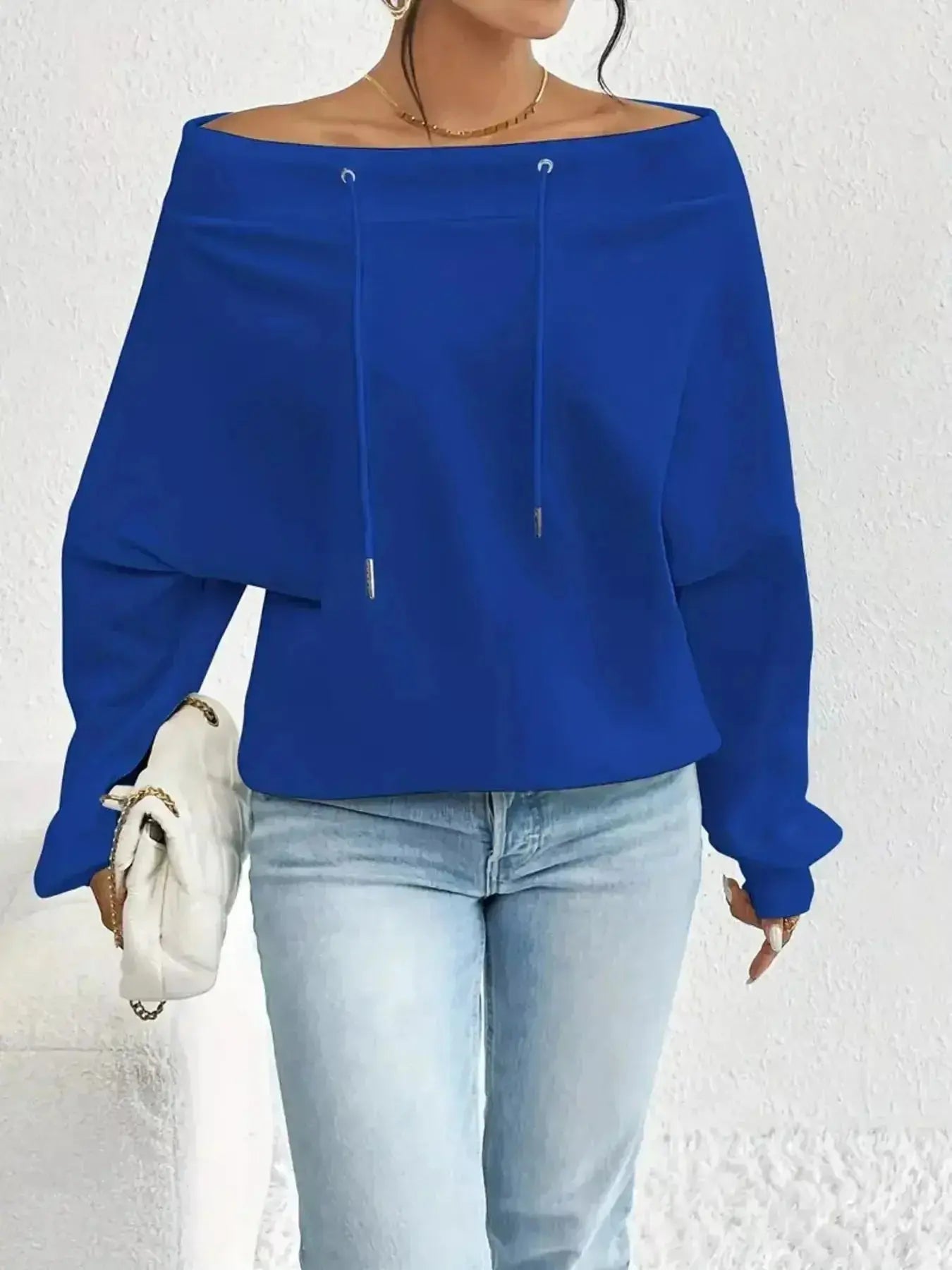 Full Size Off-Shoulder Drawstring Long Sleeve Top Plus Size - DaisyDrop 