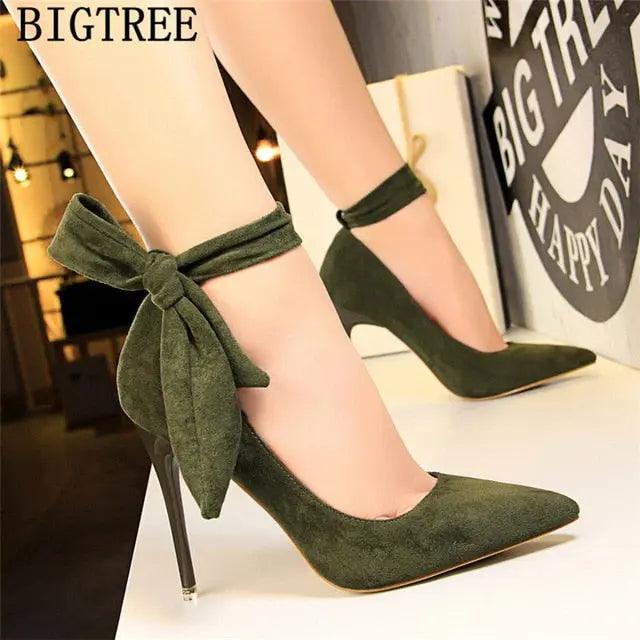 dress shoes women stiletto moccasin bigtree shoes Butterfly knot new arrival 2019 green shoes for women luxury high heels buty eprolo