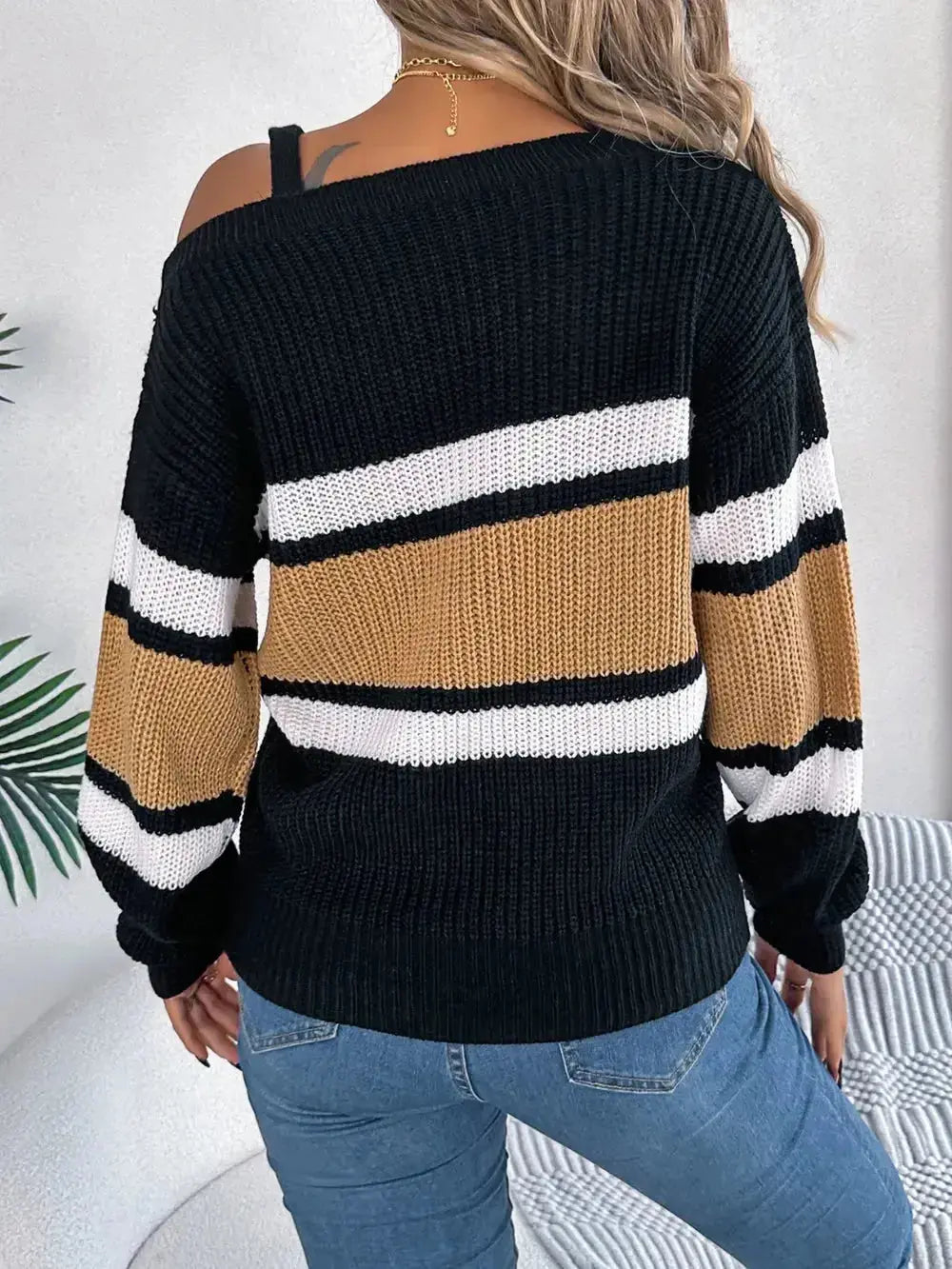 Color Block Asymmetrical Neck Long Sleeve Sweater - DaisyDrop 