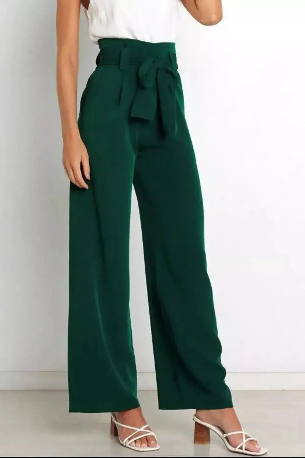 High Waist Tie Front Wide Leg Pants - DaisyDrop 