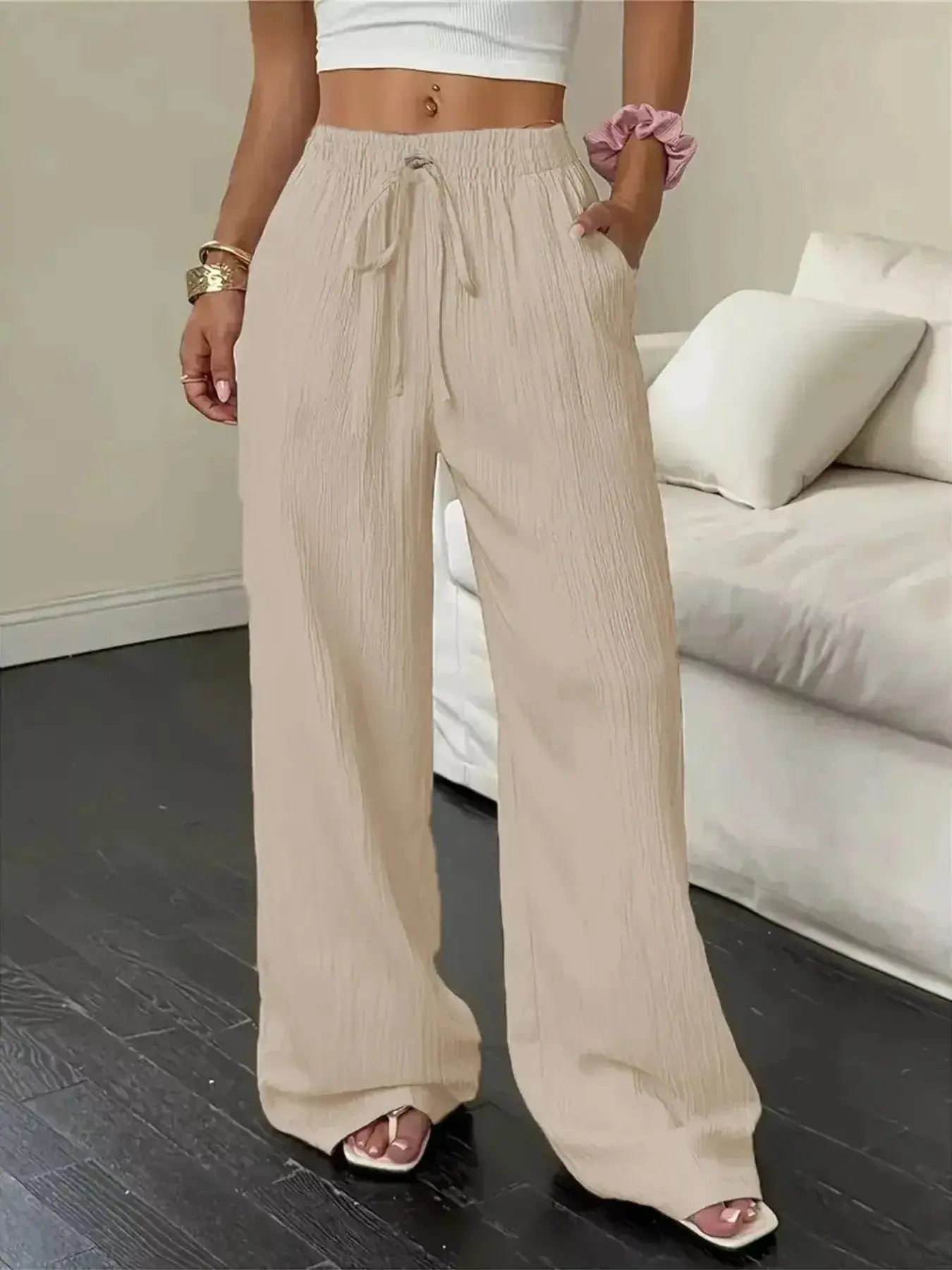Wide Leg Pants with Drawstring - DaisyDrop 