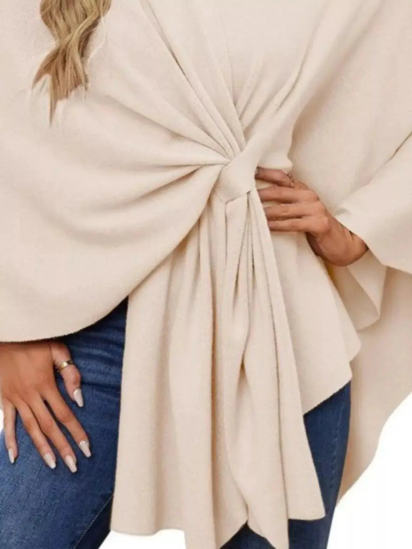 Solid Color Tie-Front Knit Cape Top - DaisyDrop 