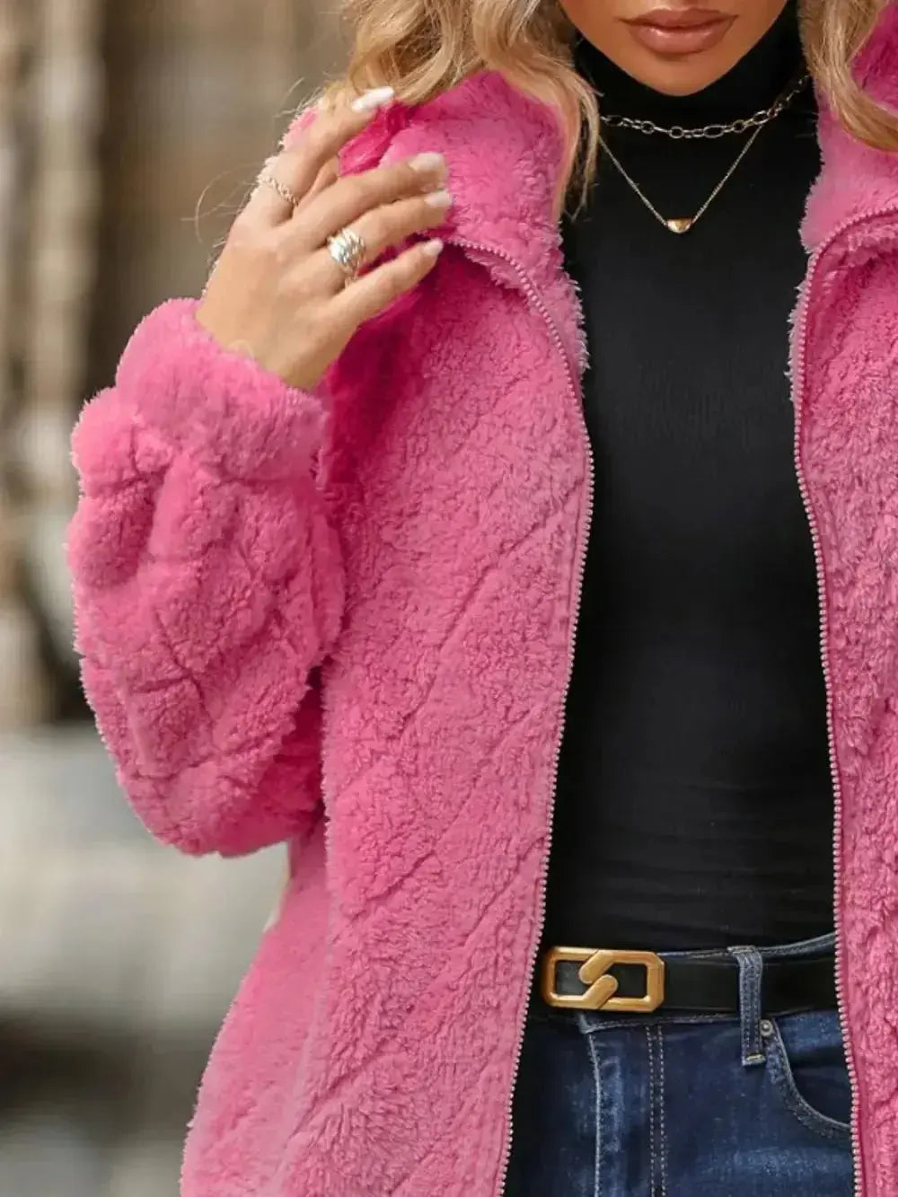 Fuzzy Pocketed Zip Up Jacket - DaisyDrop 
