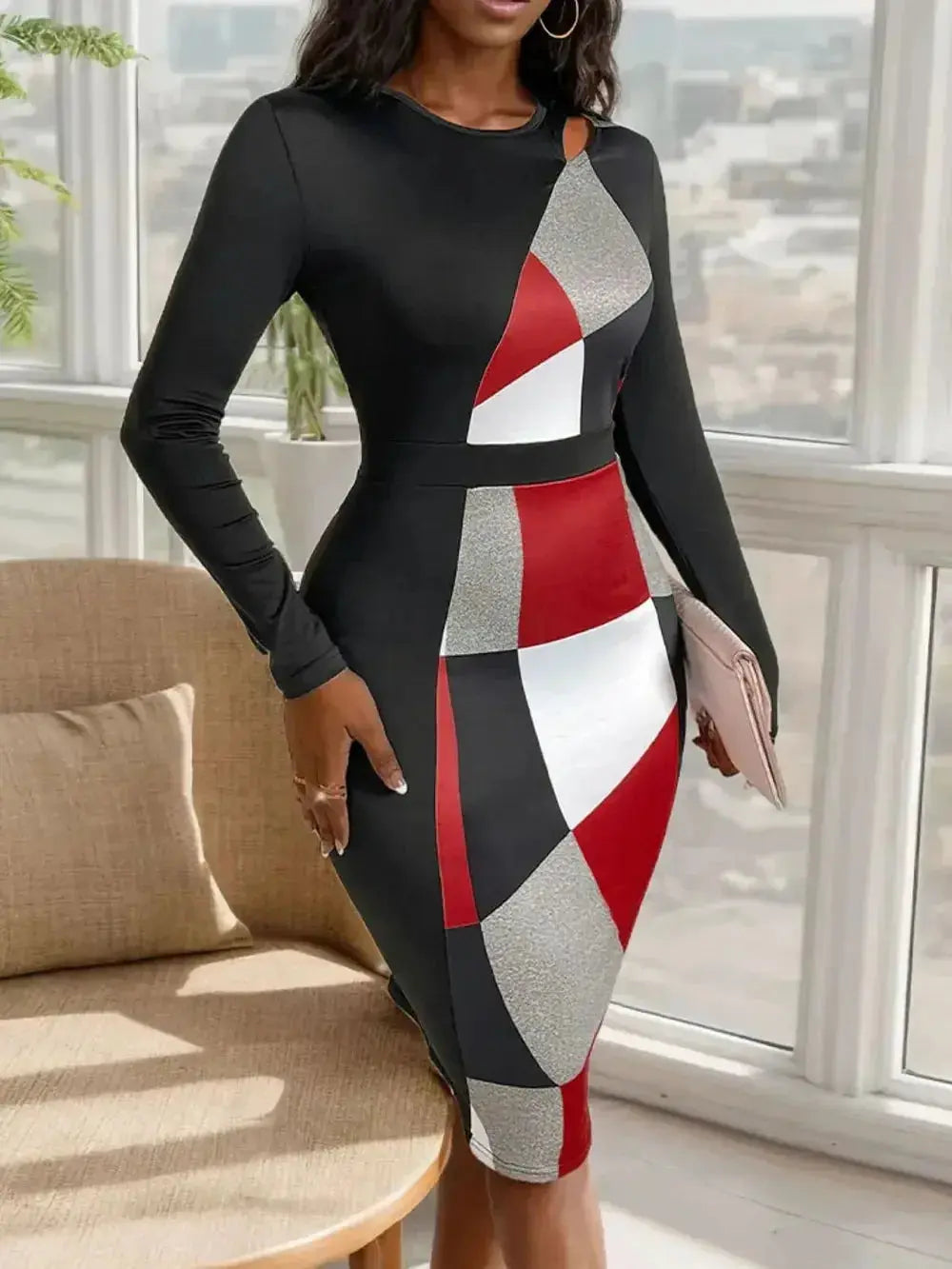 Perfee Cutout Color Block Round Neck Long Sleeve Dress - DaisyDrop 