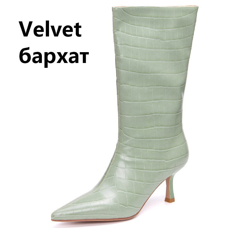 Pointed Toe Thin High Heels Women Mid-Calf Boots