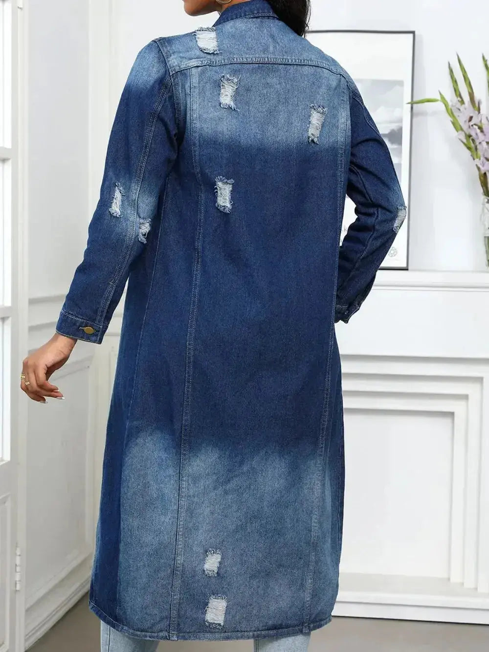 Distressed Button Up Collared Neck Denim Top - DaisyDrop 