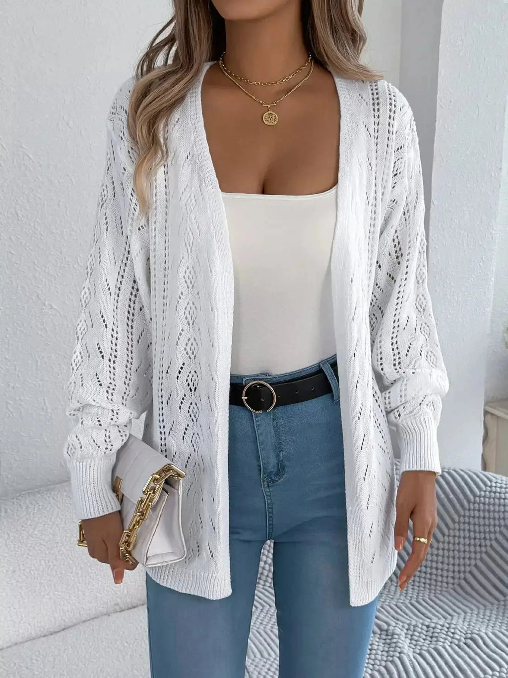 Openwork Open Front Cardigan - DaisyDrop 