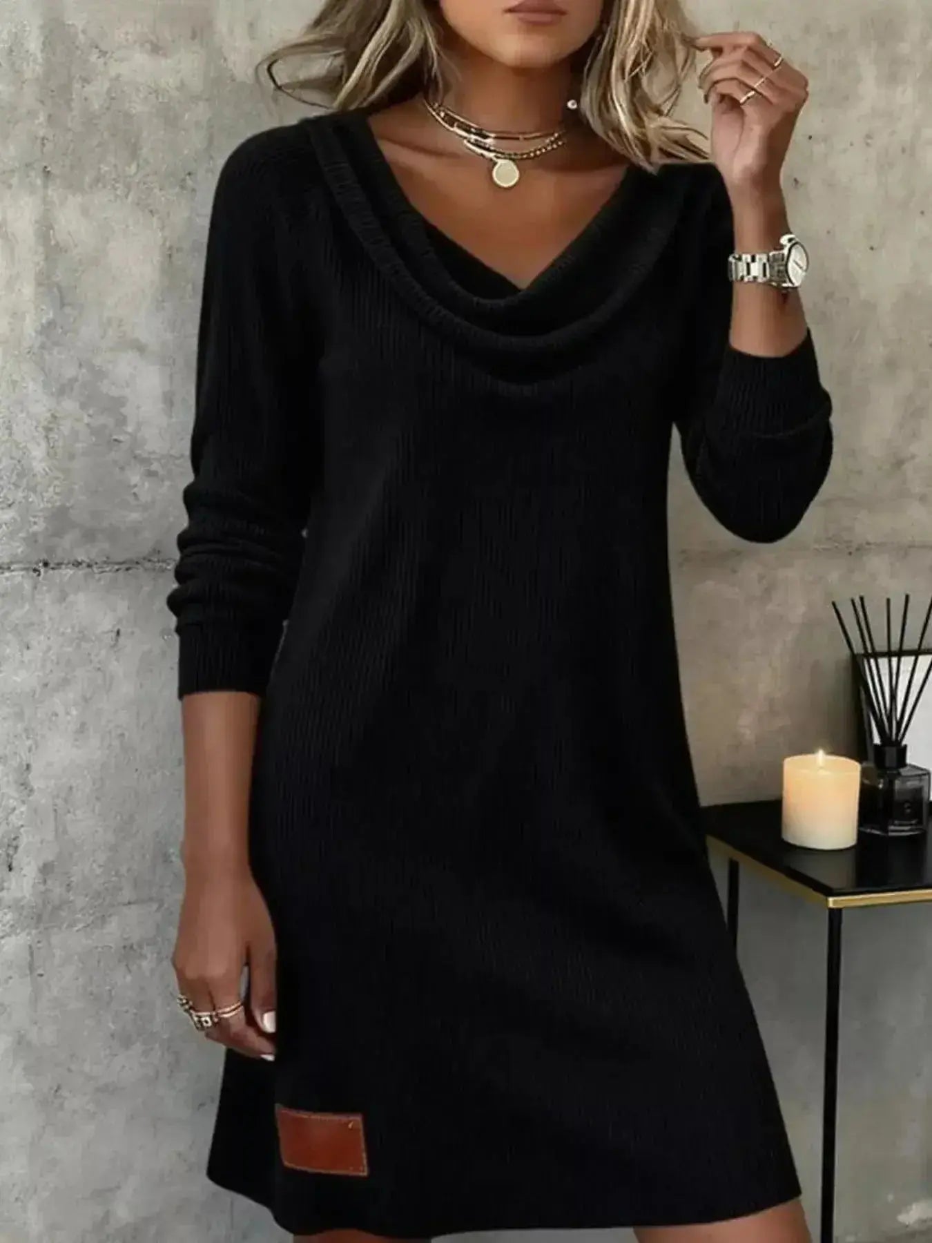 Casual Cowl Neck Ribbed Knit Mini Dress - DaisyDrop 