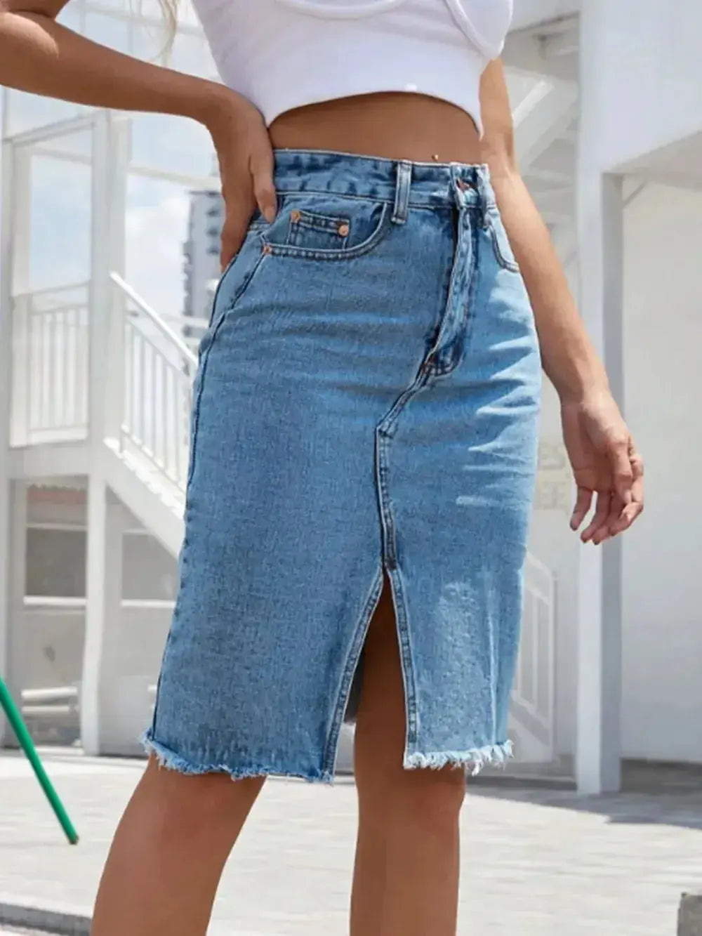 Raw Hem Slit Denim Skirt - DaisyDrop 