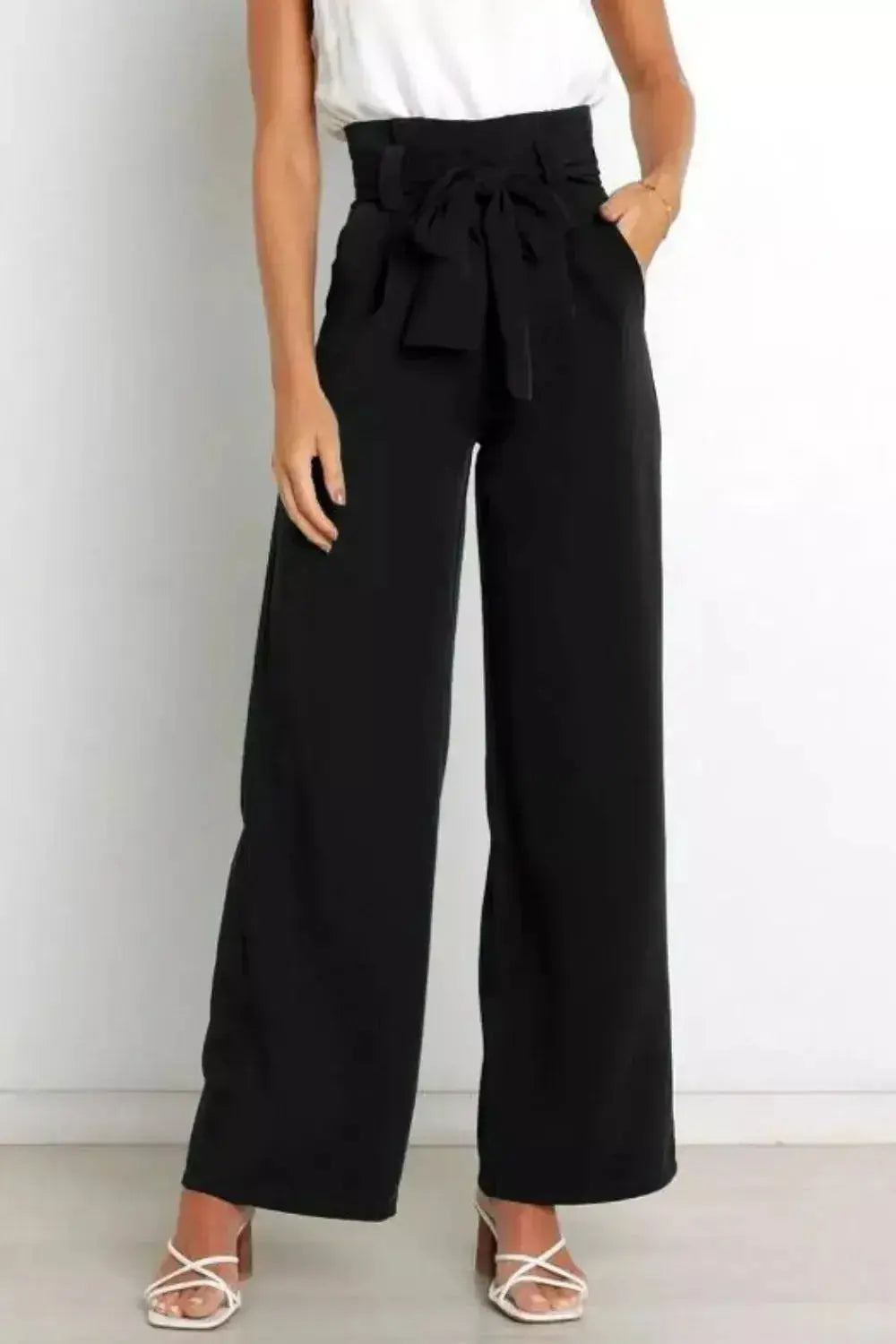 High Waist Tie Front Wide Leg Pants - DaisyDrop 