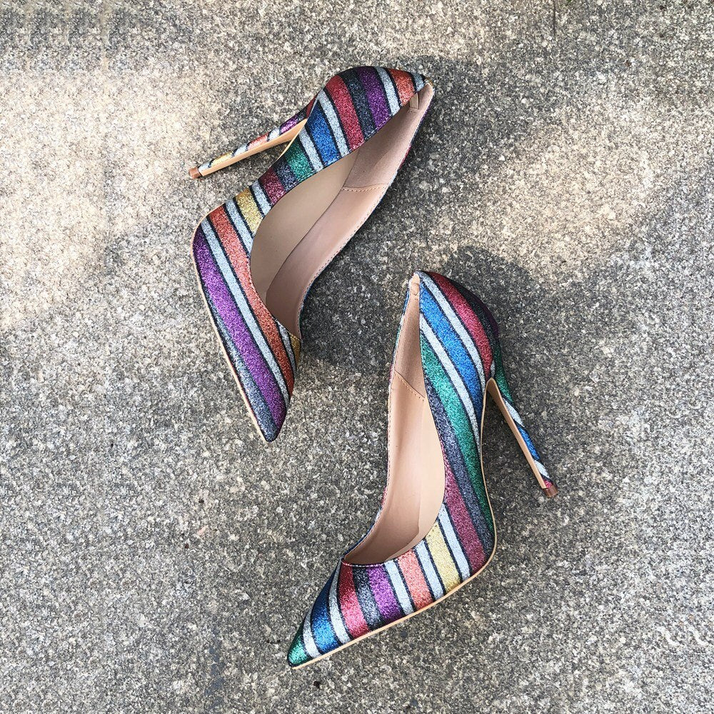 Tikicup Women Rainbow Iridescent High Heels Shiny Glitter Pointy Toe Stilettos