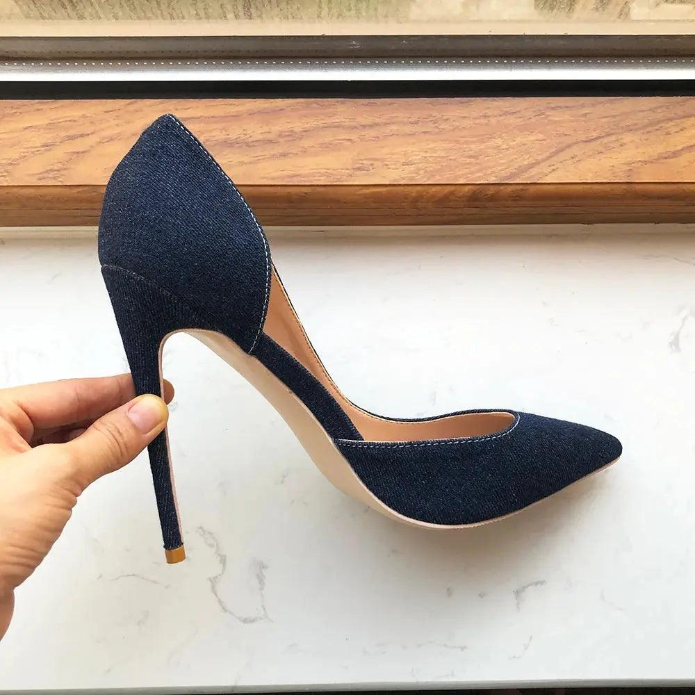 Women Navy Blue Denim Fabric Sexy  Pointy Toe High Heels eprolo