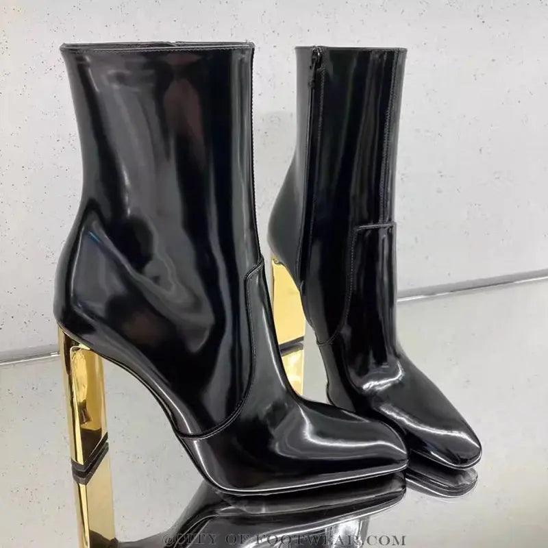 Black Patent Leather Women Gold High Heeled Ankle Boots eprolo
