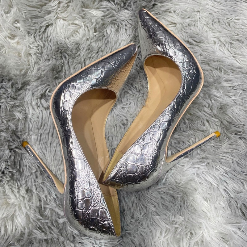 Silver Crocodile-Effect Women Sexy Pumps