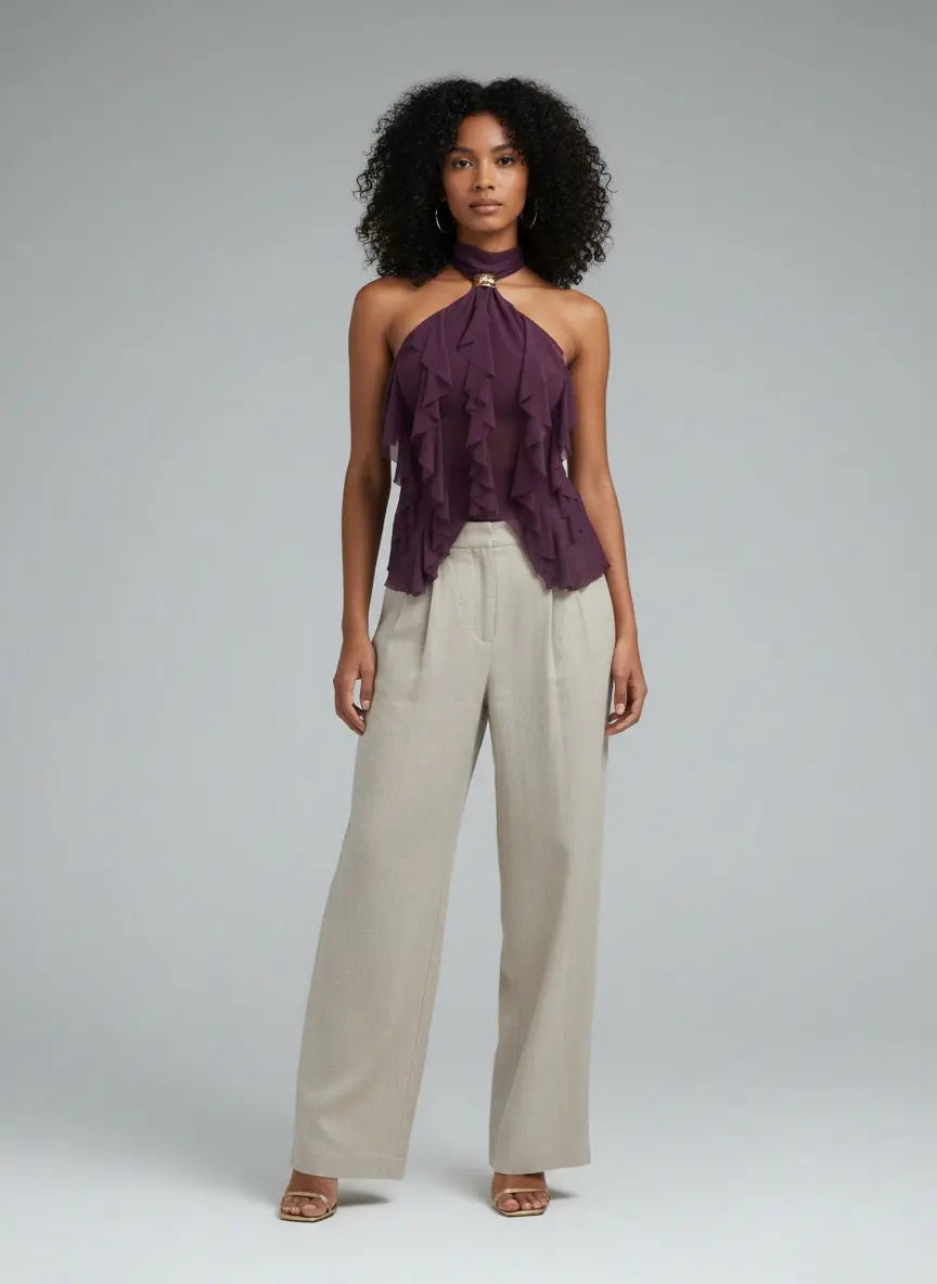 Full body view of the model wearing Ruffled Halter Neck Cami