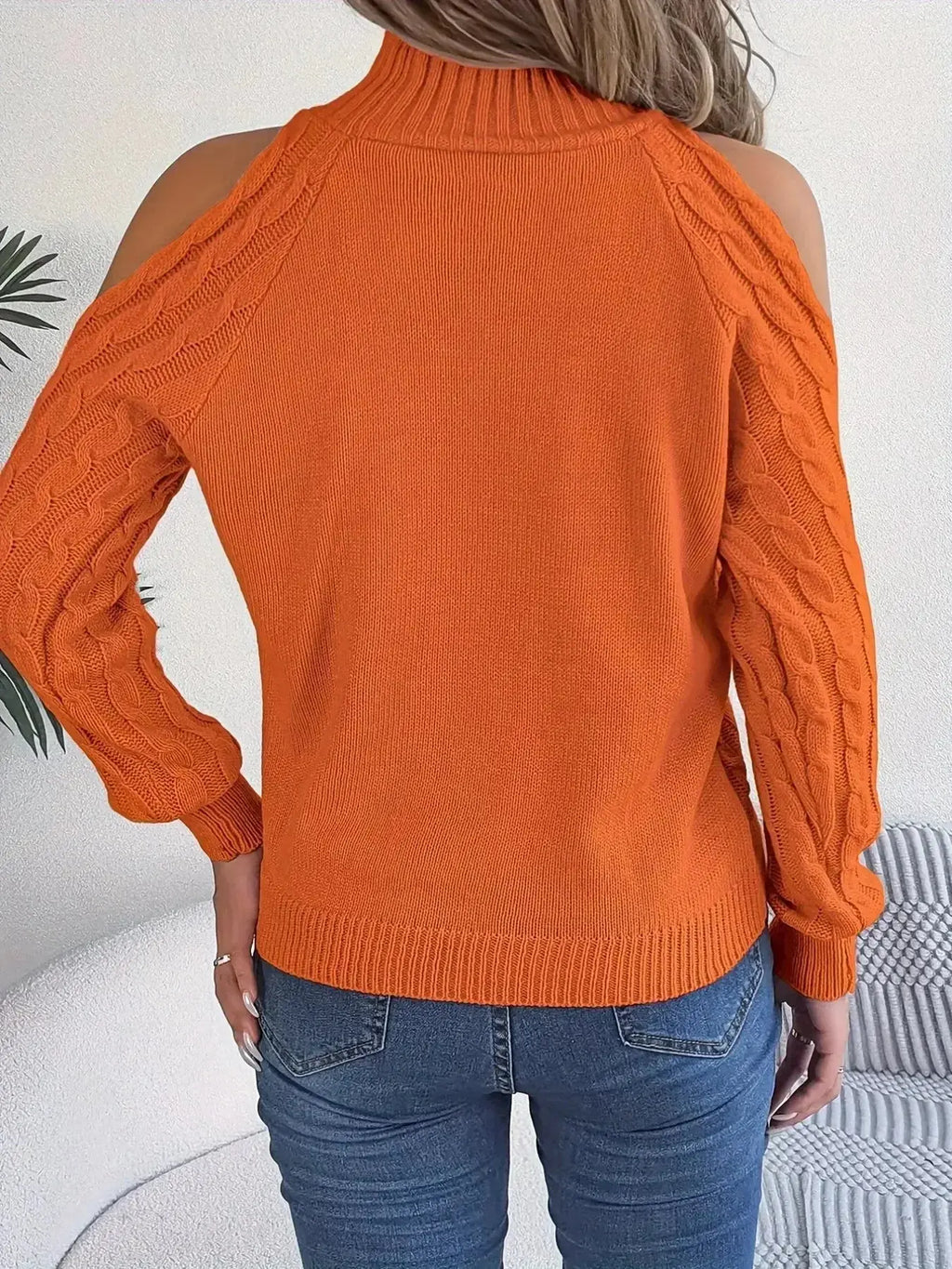 Cable Knit Cold Shoulder Turtleneck Sweater - DaisyDrop 