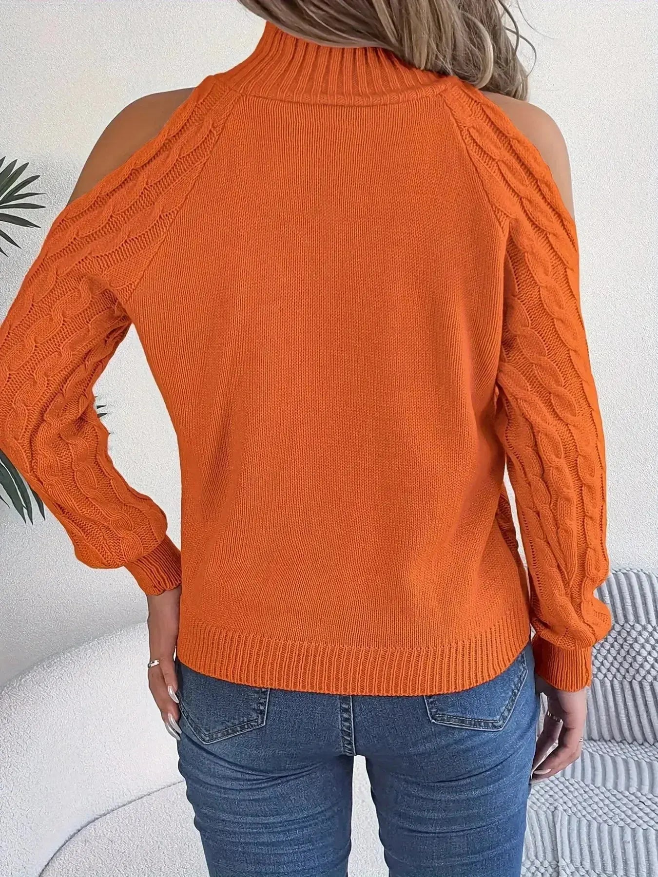 Cable Knit Cold Shoulder Turtleneck Sweater - DaisyDrop 