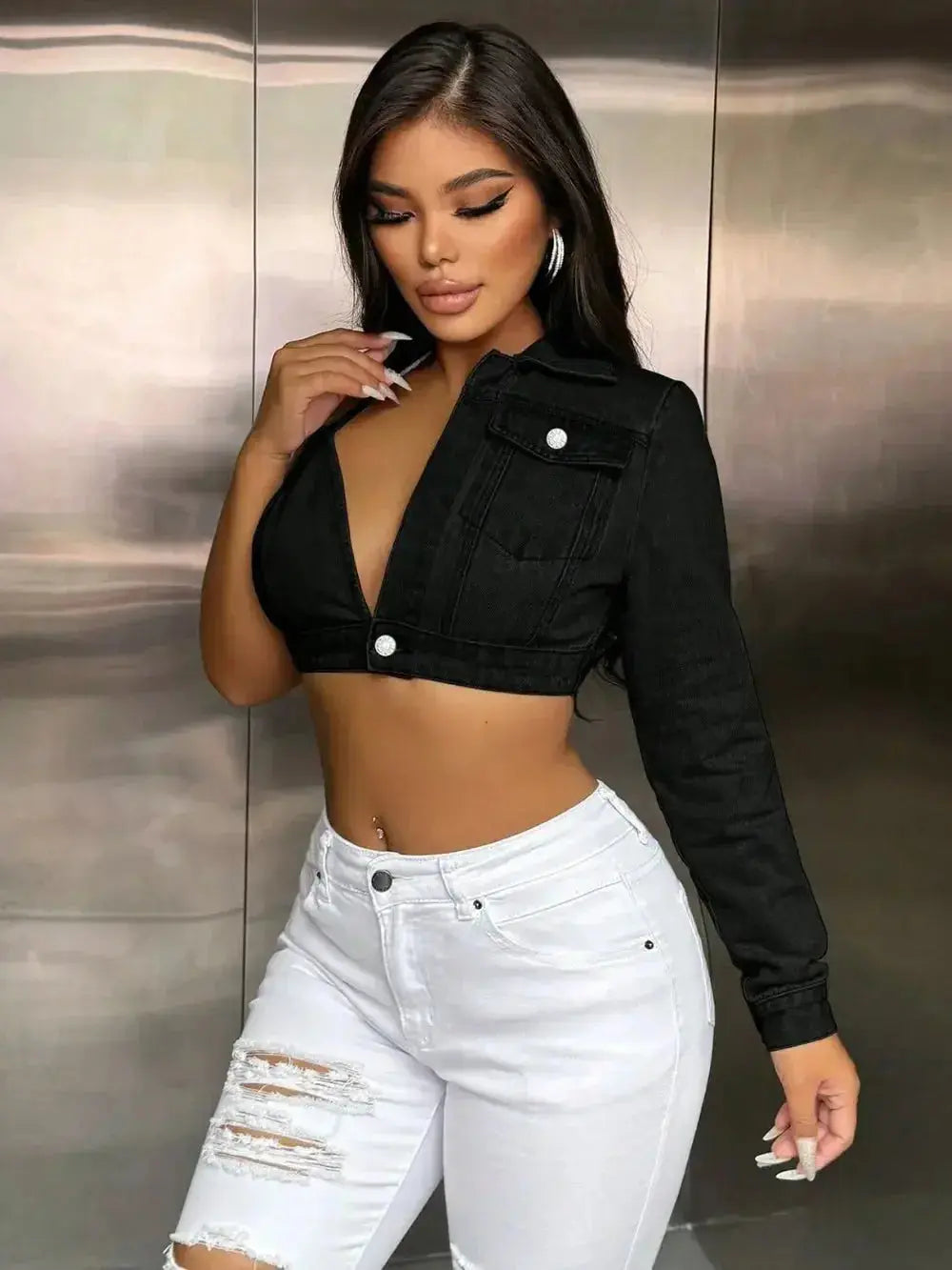 One Shoulder Long Sleeve Cropped Denim Top - DaisyDrop 