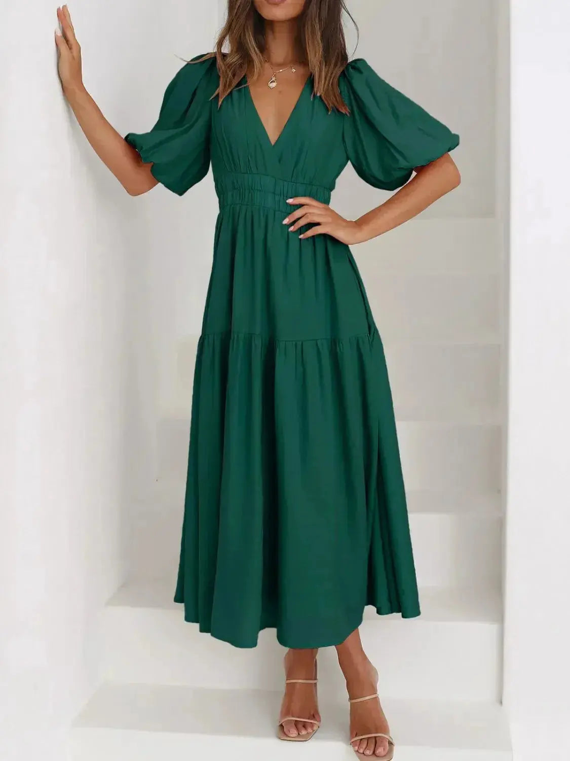 V-Neck Puff Sleeve Midi Dress - DaisyDrop 