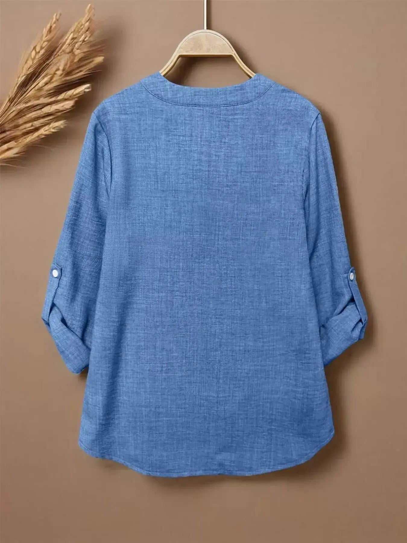 Casual Notched Roll-Up Sleeve Blouse - DaisyDrop 