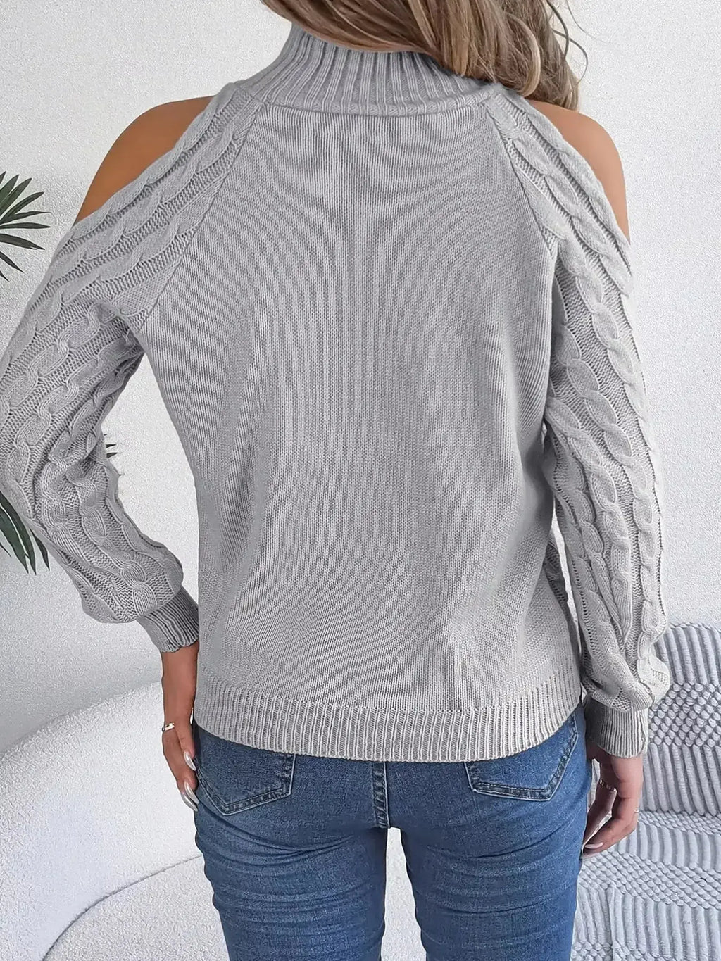 Cable Knit Cold Shoulder Turtleneck Sweater - DaisyDrop 
