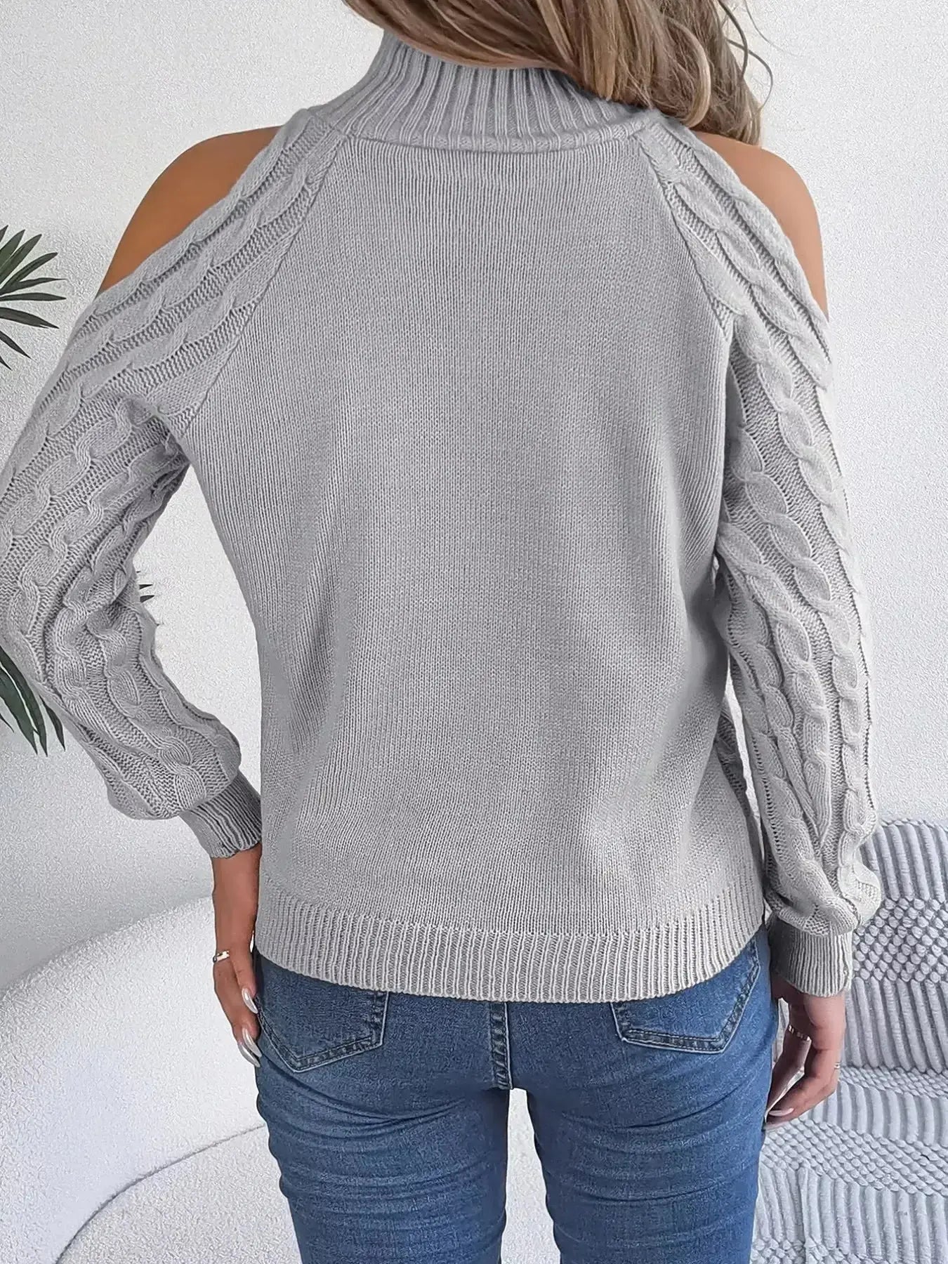 Cable Knit Cold Shoulder Turtleneck Sweater - DaisyDrop 