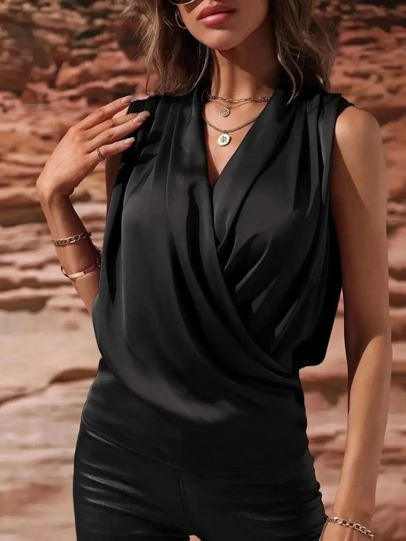 Sleeveless Wrap Draped Blouse - DaisyDrop 