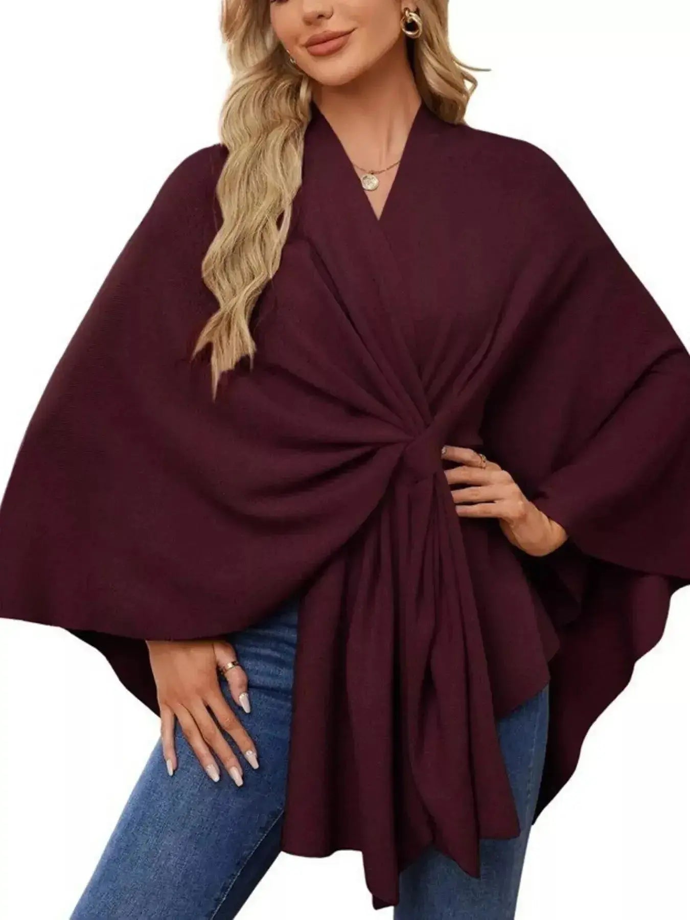 Solid Color Tie-Front Knit Cape Top - DaisyDrop 