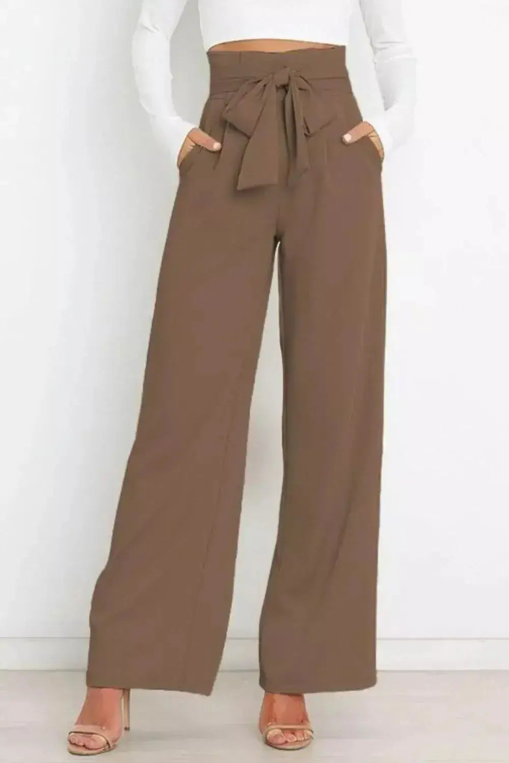 High Waist Tie Front Wide Leg Pants - DaisyDrop 