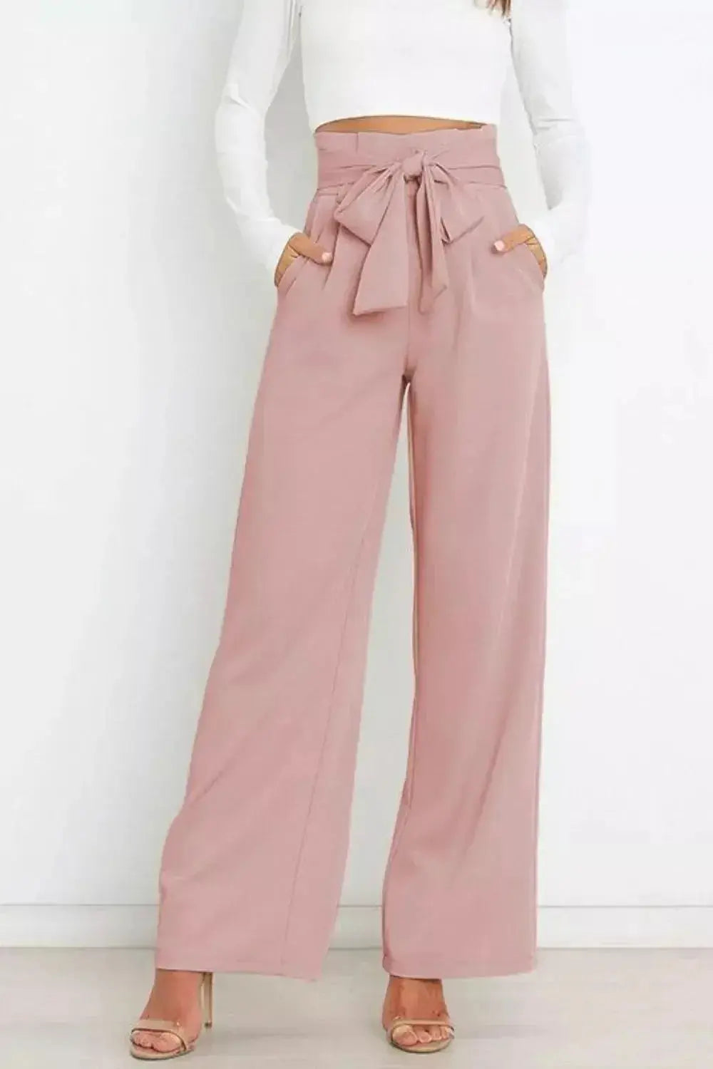 High Waist Tie Front Wide Leg Pants - DaisyDrop 
