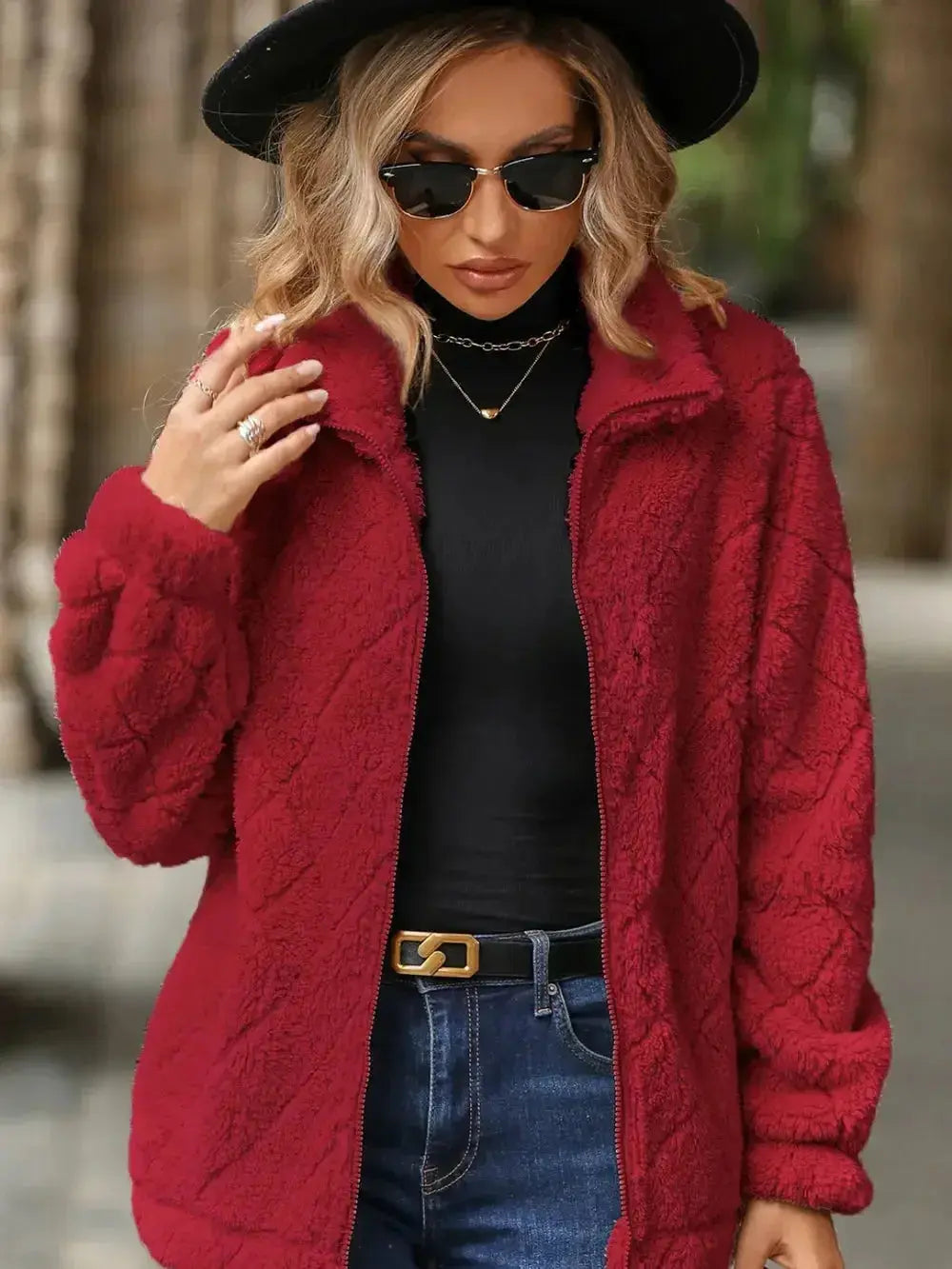 Fuzzy Pocketed Zip Up Jacket - DaisyDrop 