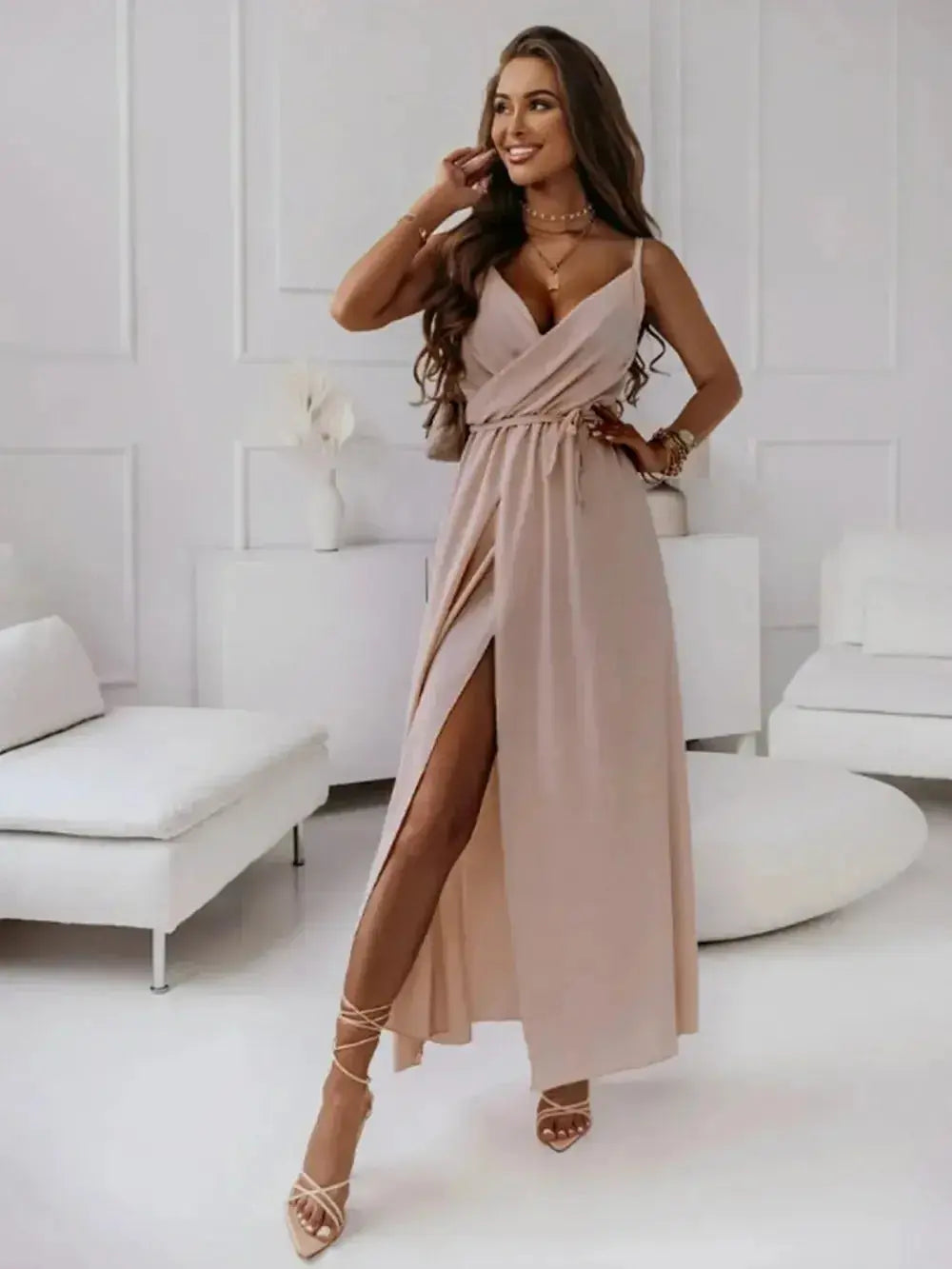 Honey Tied Surplice Sleeveless Midi Cami Dress - DaisyDrop 
