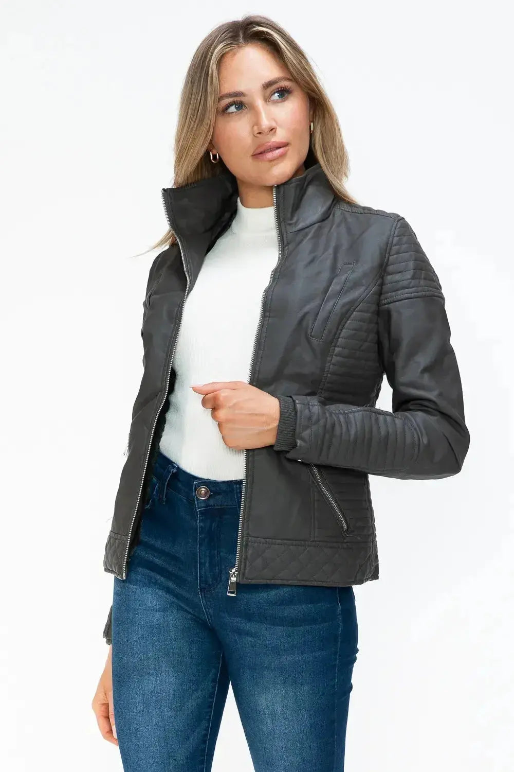YMI Faux Layered Double-Zipper Jacket with Fuzzy Hood - DaisyDrop 