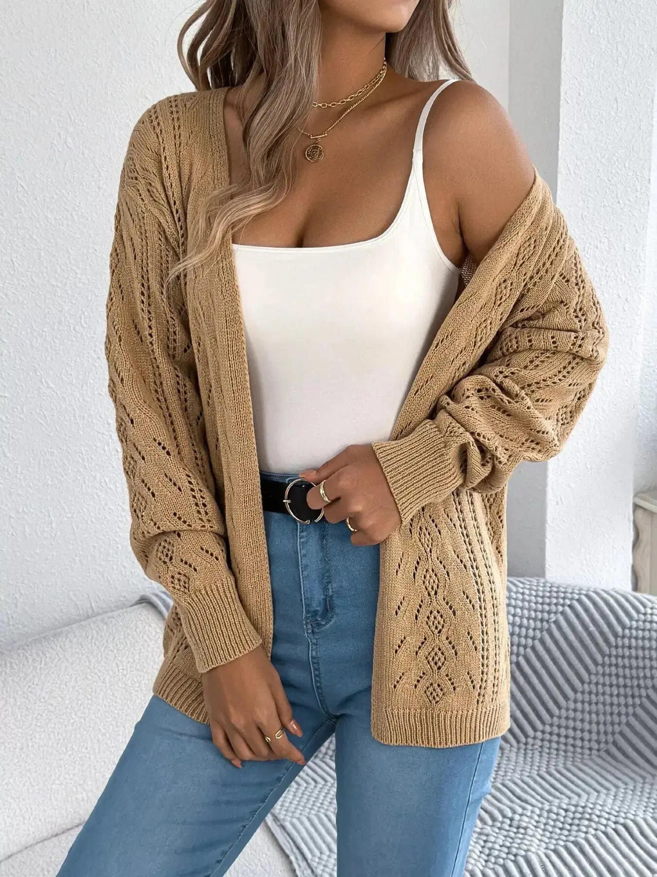 Openwork Open Front Cardigan - DaisyDrop 