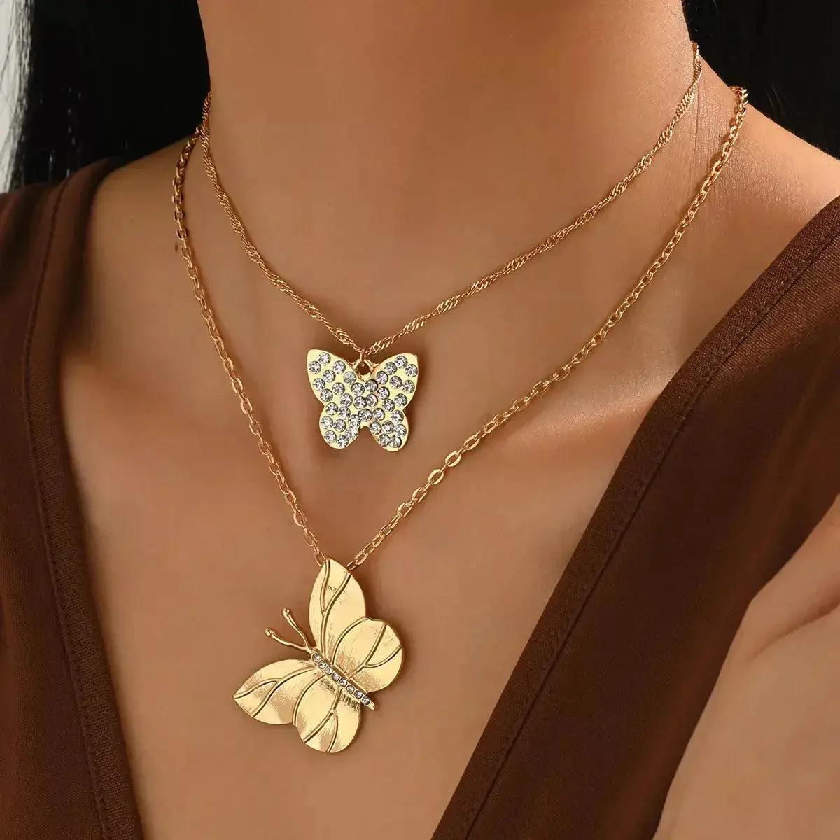 2 Piece 18K Gold-Plated Rhinestone Butterfly Necklace - DaisyDrop 