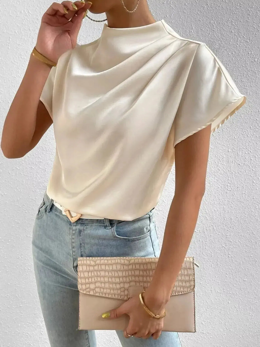 Mock Neck Satin Blouse - DaisyDrop 