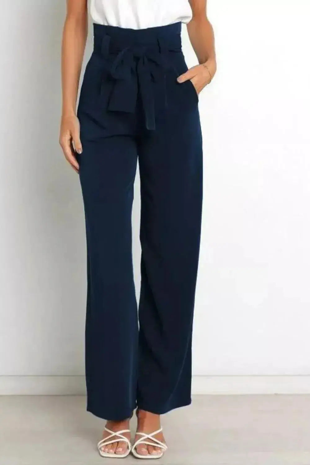 High Waist Tie Front Wide Leg Pants - DaisyDrop 