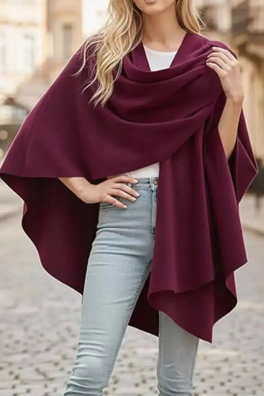 Draped Knitted Split Cape Shawl with Strap - DaisyDrop 