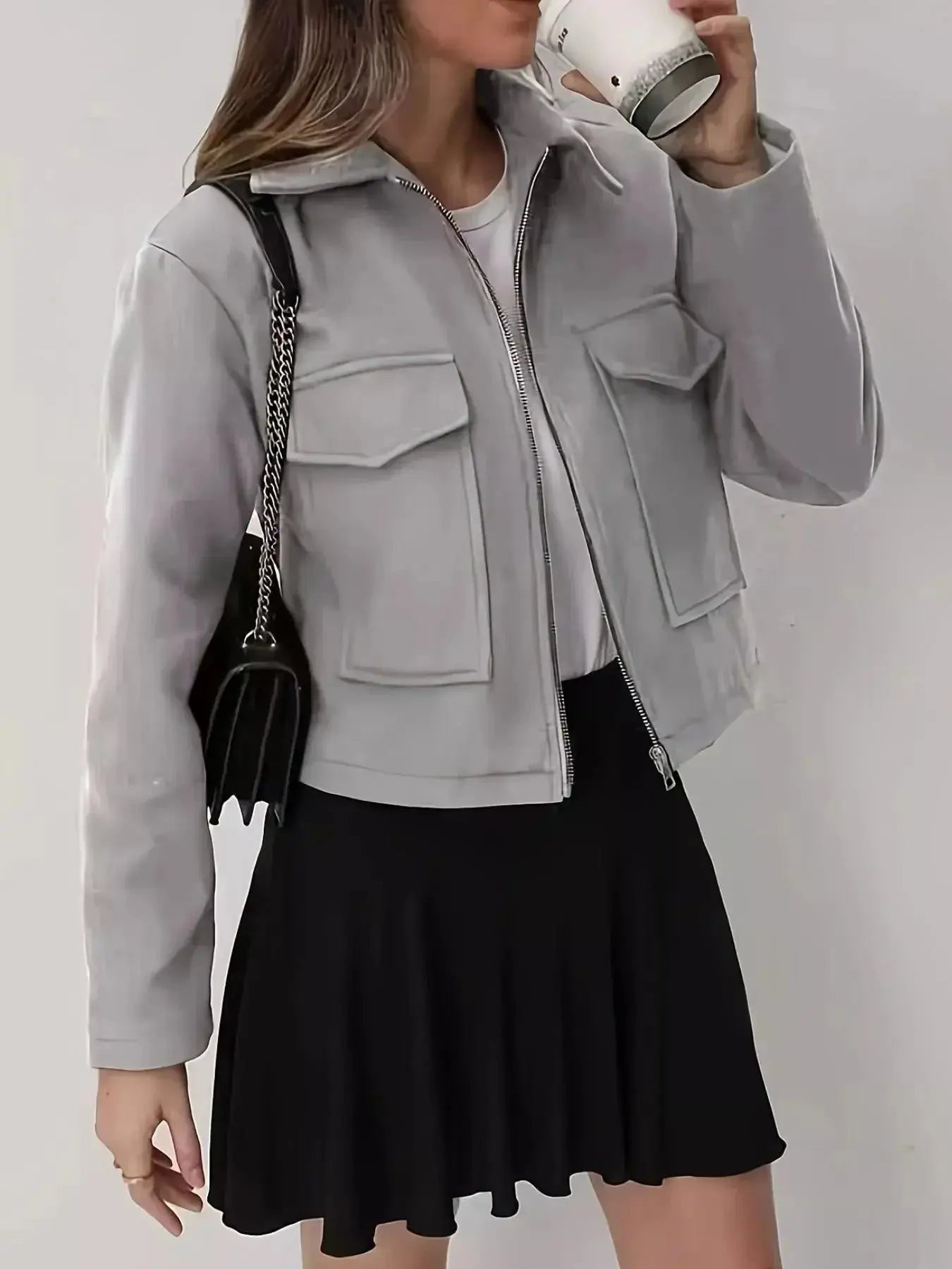 Cropped Zip-Up Pocketed Jacket - DaisyDrop 